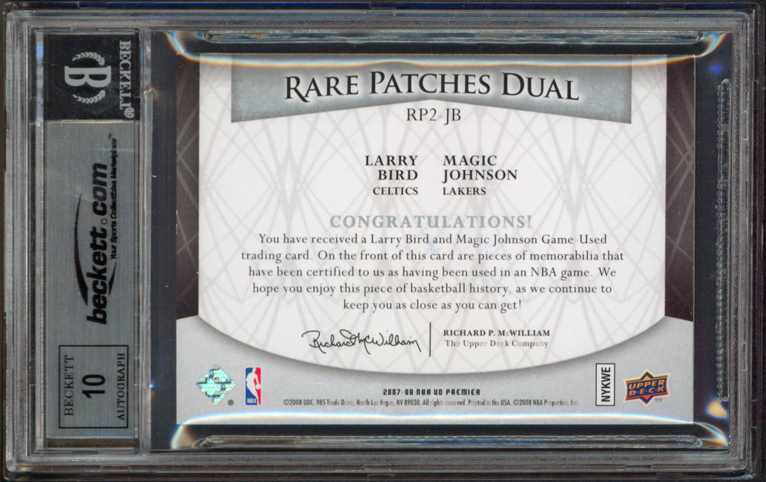 Magic Johnson & Larry Bird Signed 2007 UD Premier Patches Card Auto 10! BAS Slab