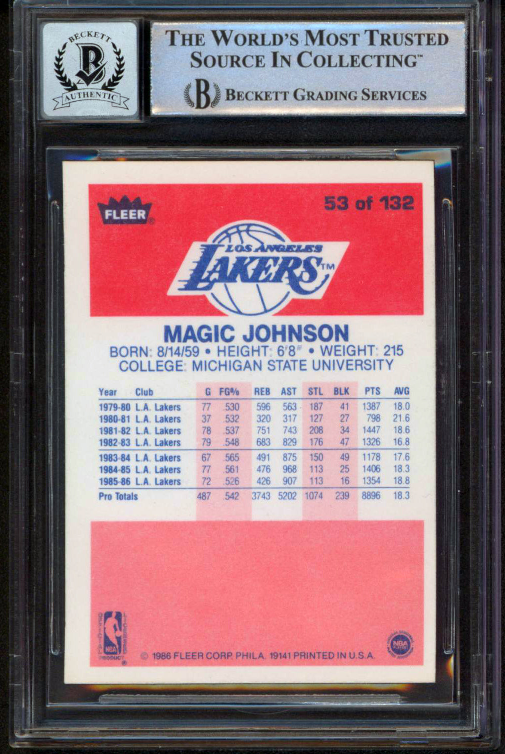 Lakers Magic Johnson Signed 1986 Fleer #53 Card Auto 10! w/ Blue Sig BAS Slabbed