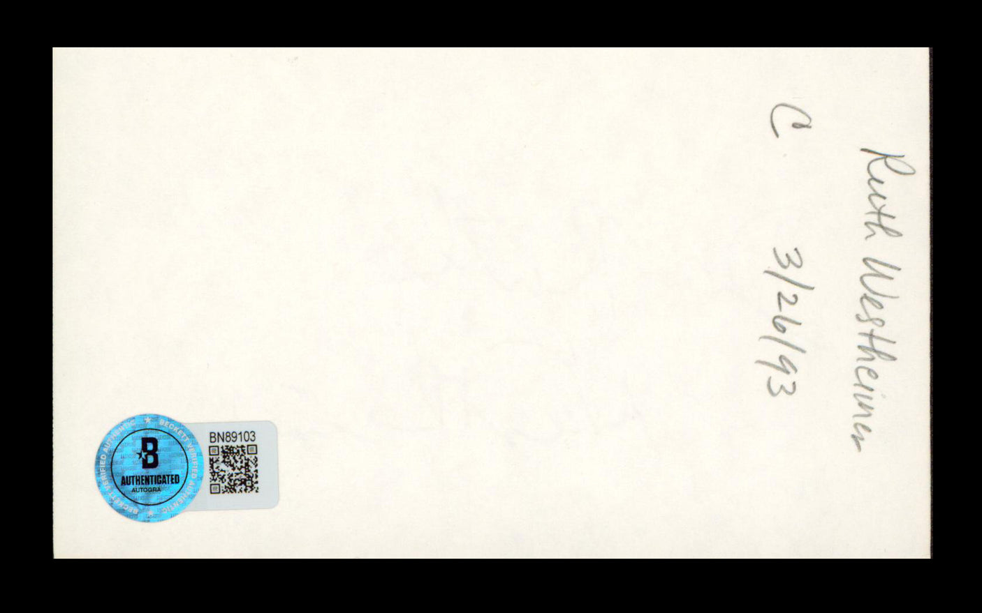 Dr. Ruth Westheimer Authentic Signed 3x5 Index Card Autographed BAS #BN89103