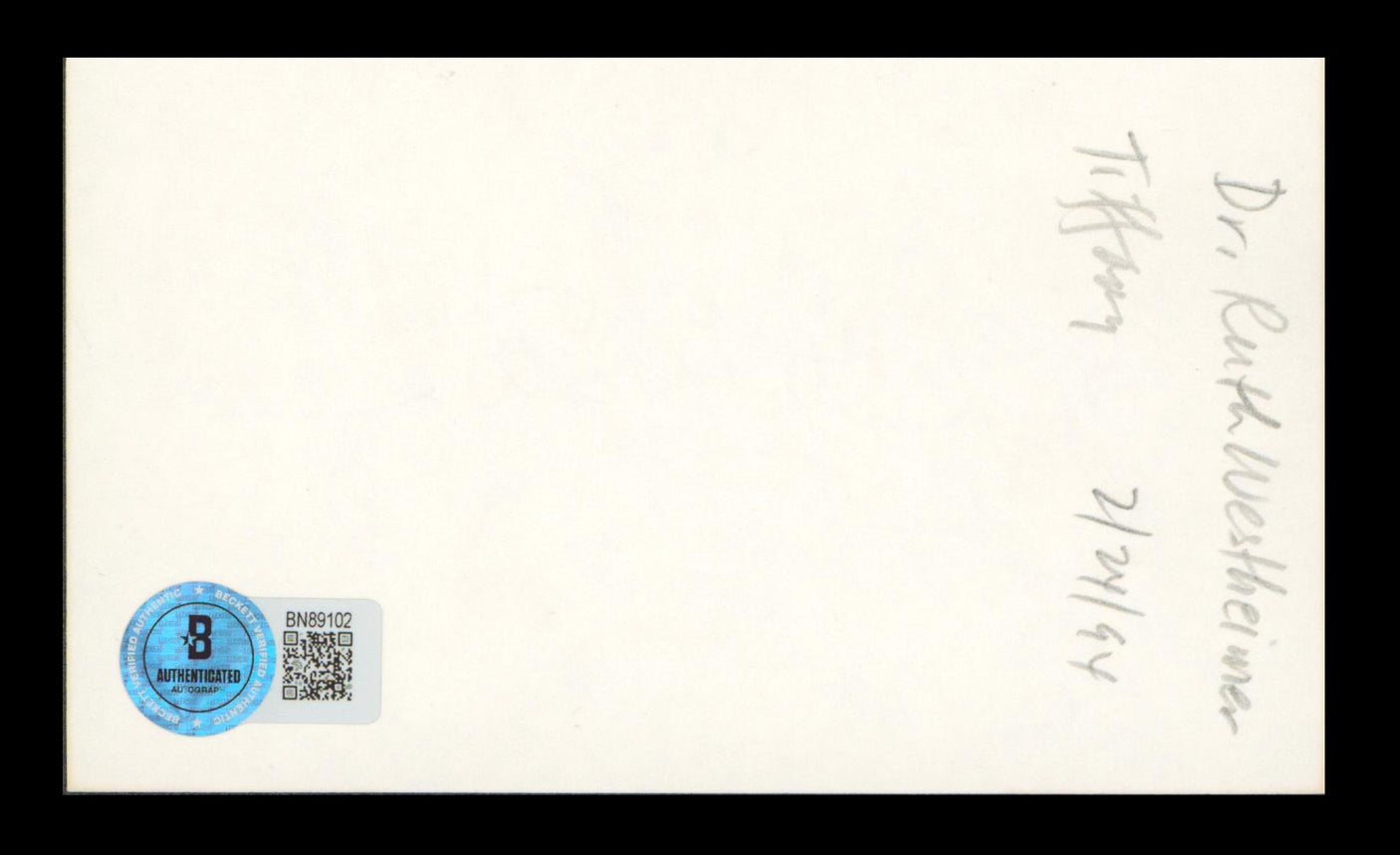 Dr. Ruth Westheimer Authentic Signed 3x5 Index Card Autographed BAS #BN89102