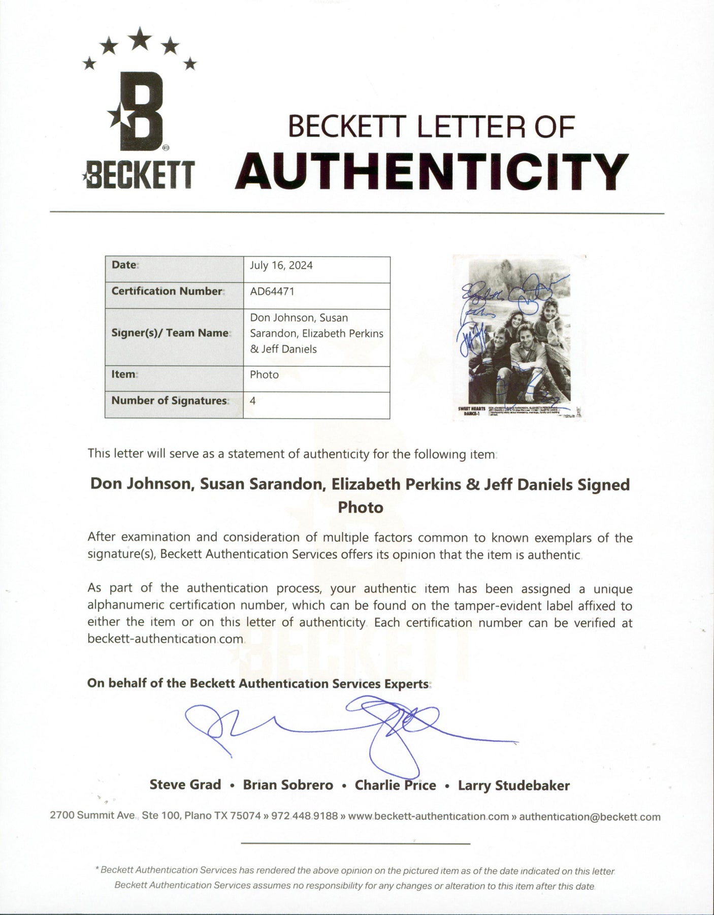 Sweet Hearts Dance (4) Johnson, Sarandon, Perkins, Daniels Signed 8x10 Photo BAS