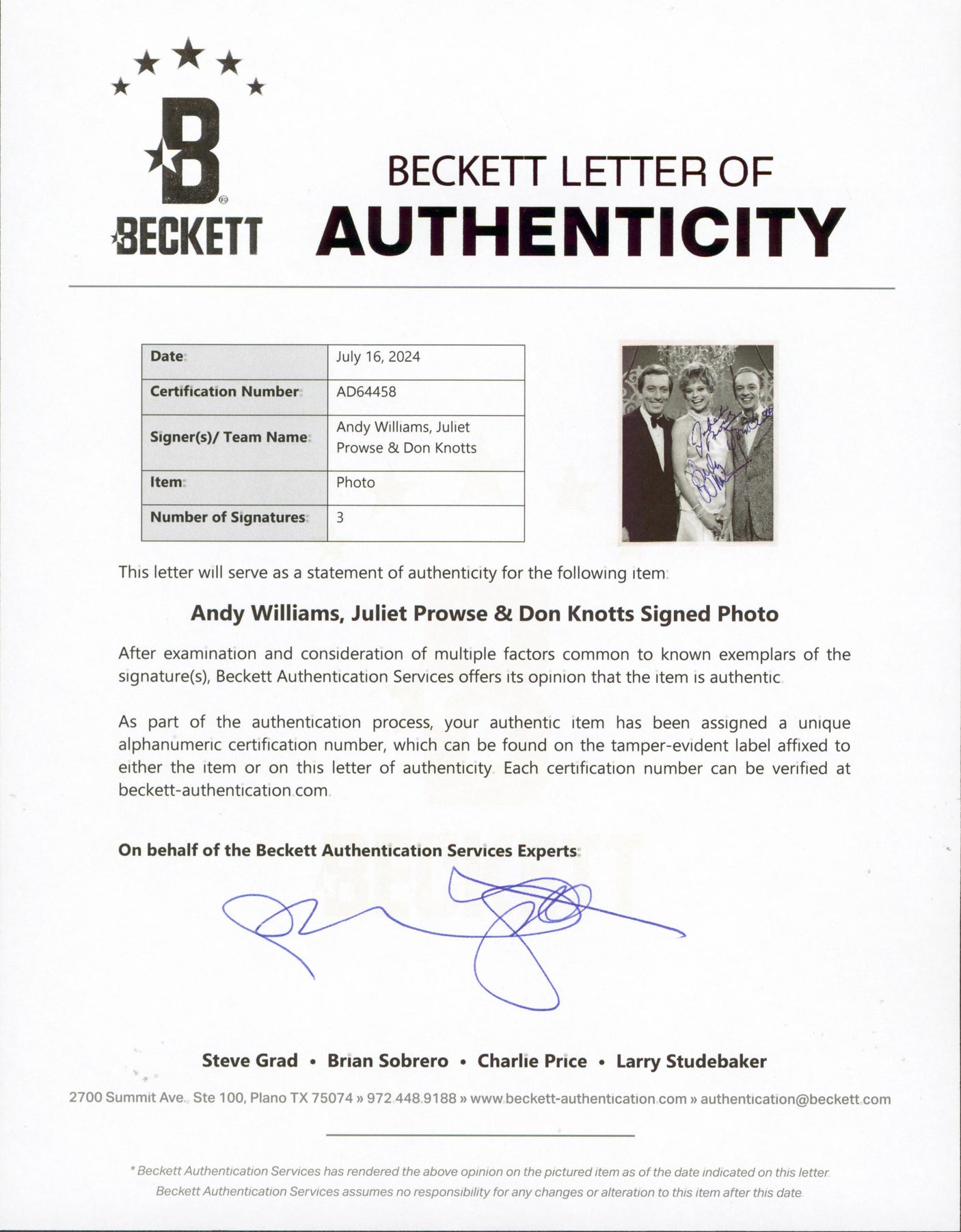 Andy Williams, Juliet Prowse & Don Knotts Signed 7x9 Photo BAS #AD64458
