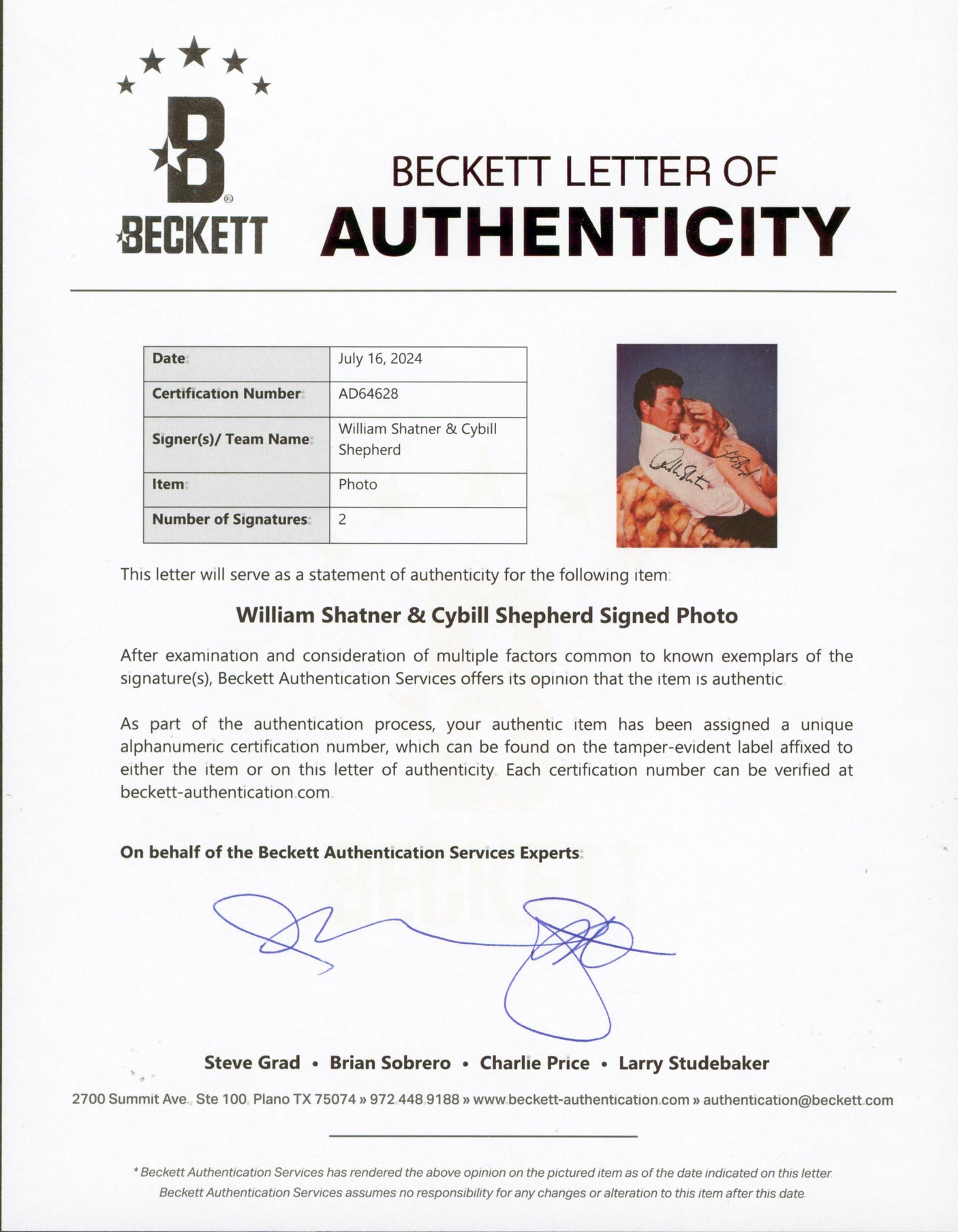 William Shatner & Cybill Shepherd Authentic Signed 8x10 Photo BAS #AD64628