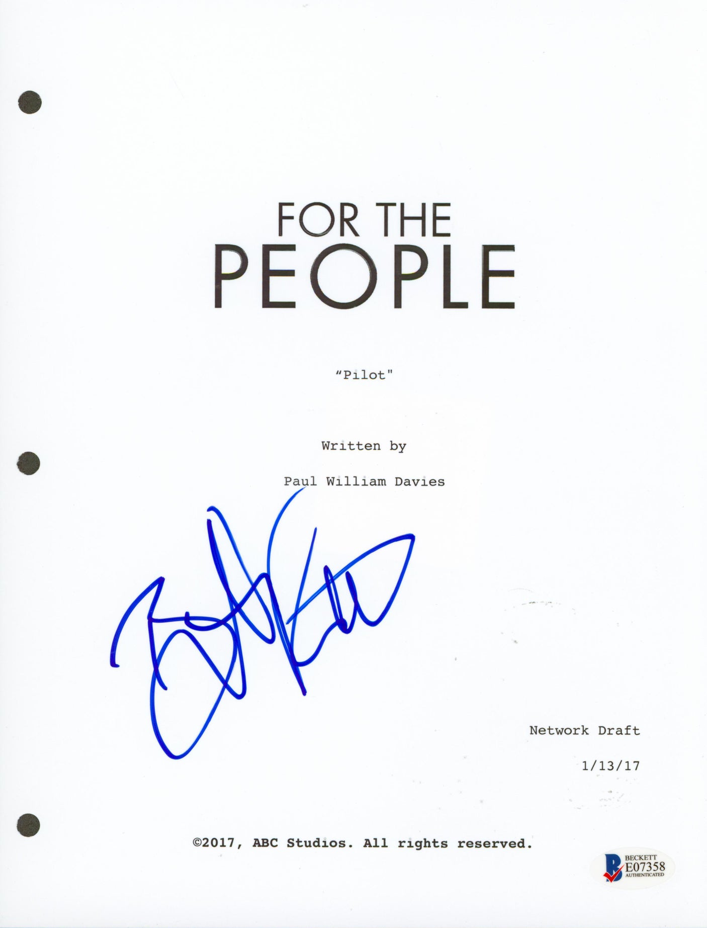 Britt Robertson Signed 8.5x11 For the People Pilot Script Cover BAS #E07358