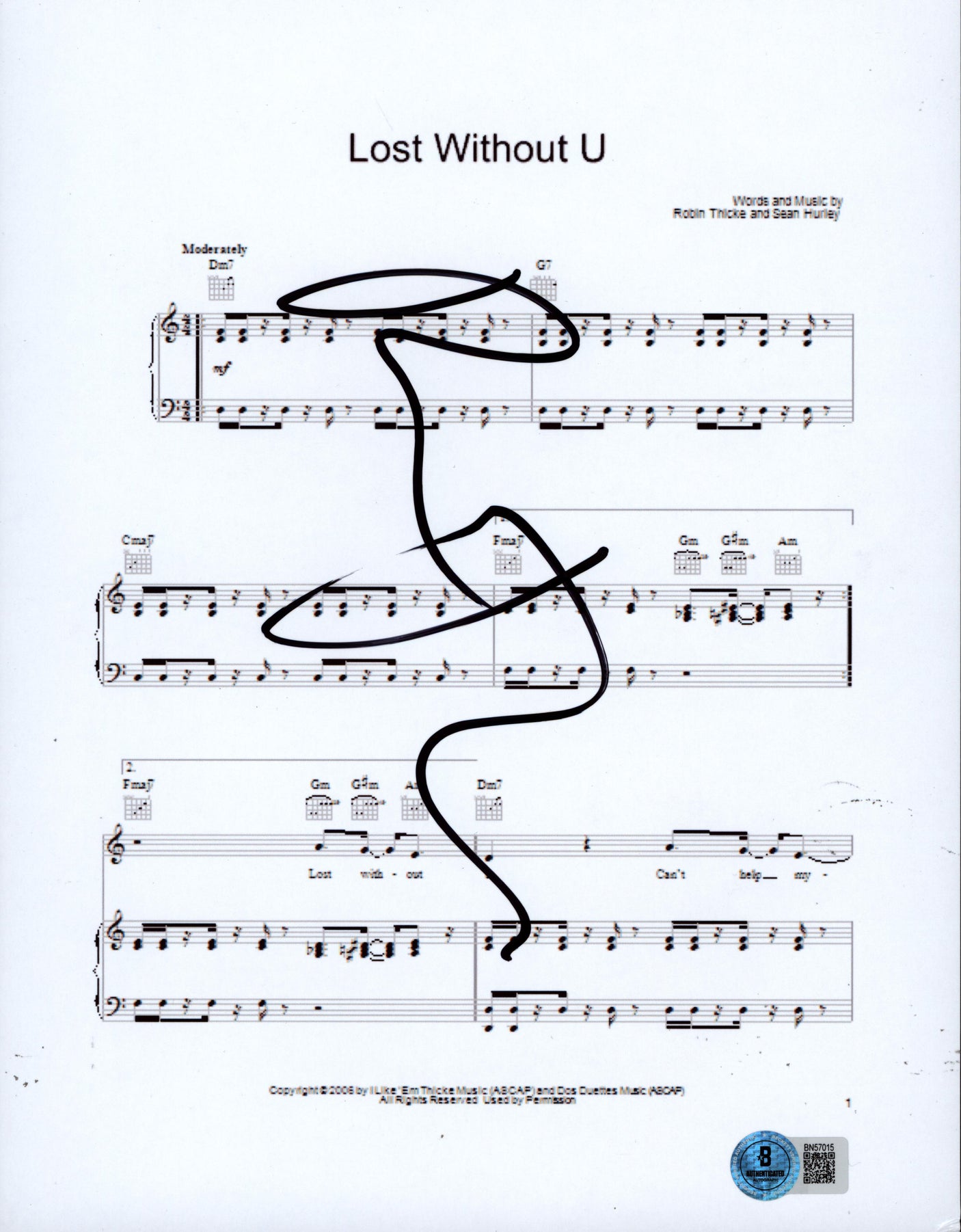 Robin Thicke Lost Without U Signed 8.5x11 Music Sheet Photo BAS #BN57015