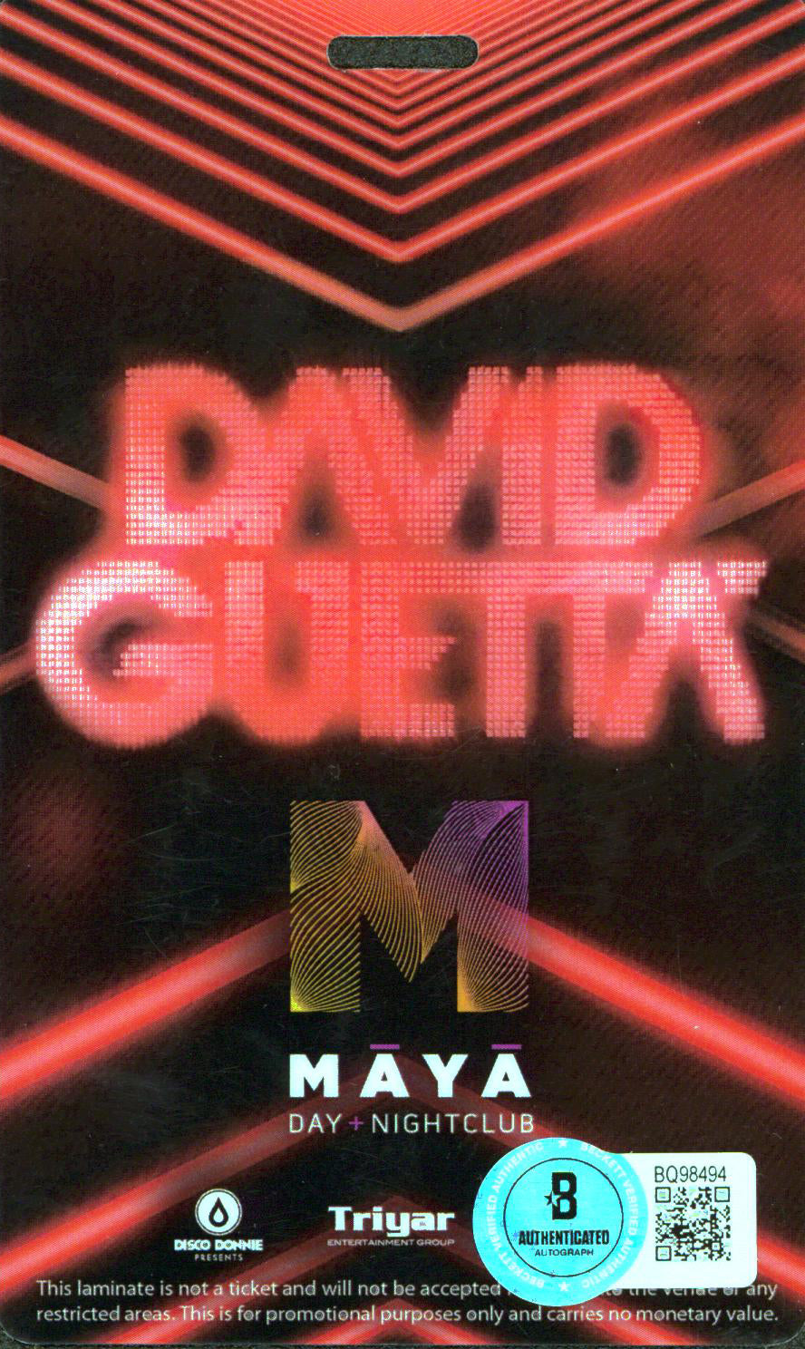 David Guetta Authentic Signed April 6, 2014 VIP Maya Badge BAS #BQ98494