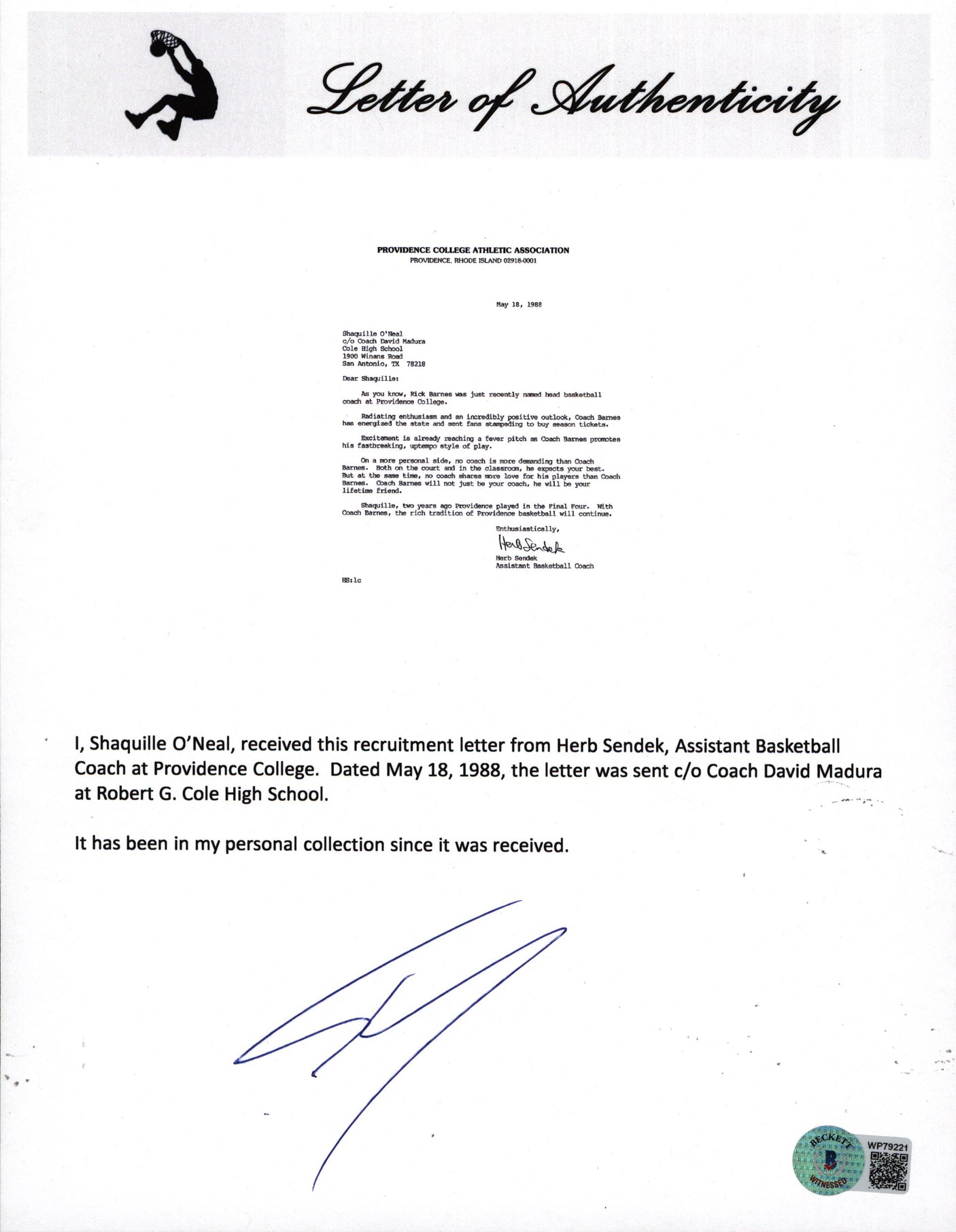 Herb Sendek & Shaquille O'Neal Signed 1988 Providence Recruitment Letter BAS