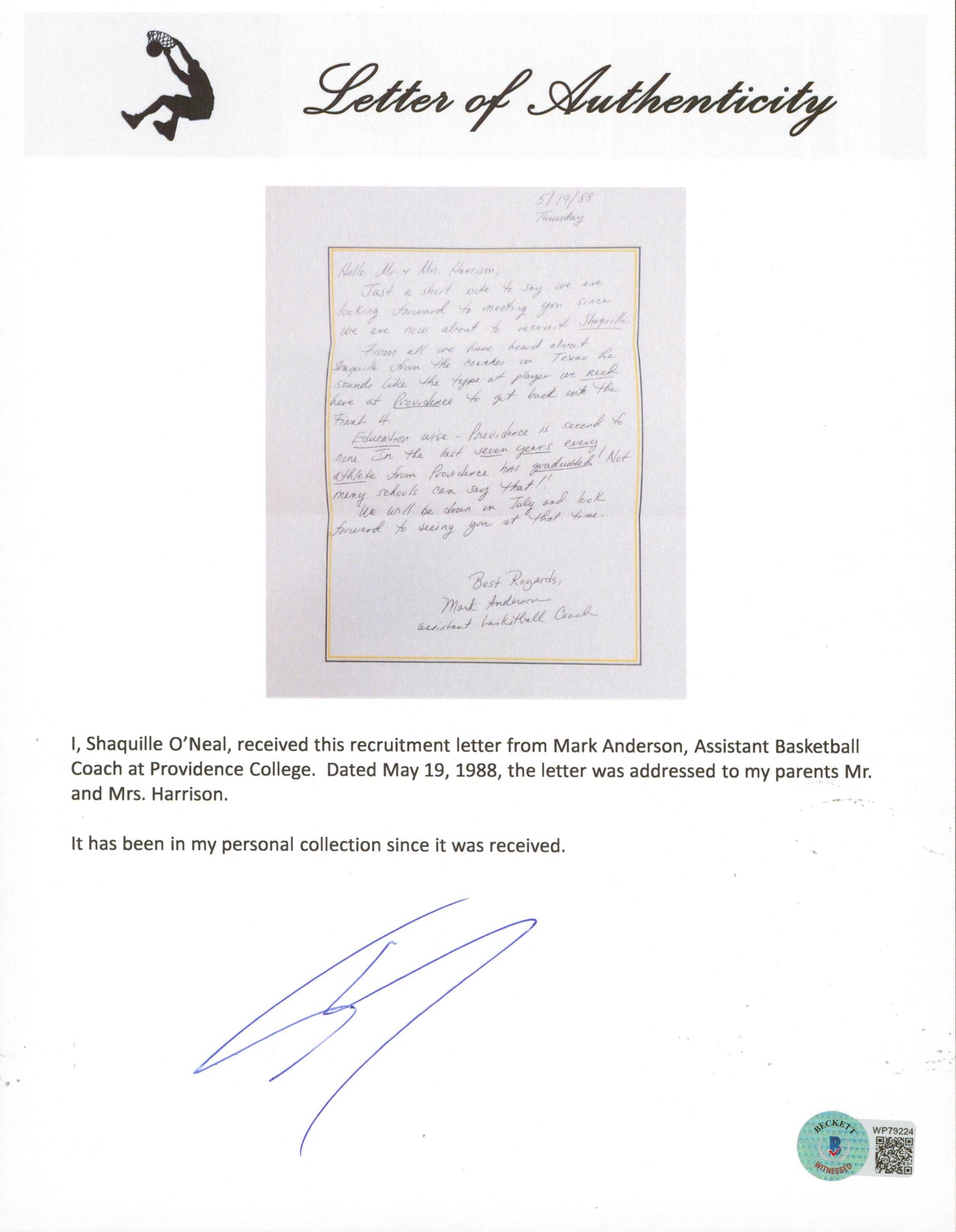 Shaquille O'Neal Signed 1988 Providence Handwritten Recruitment Letter BAS