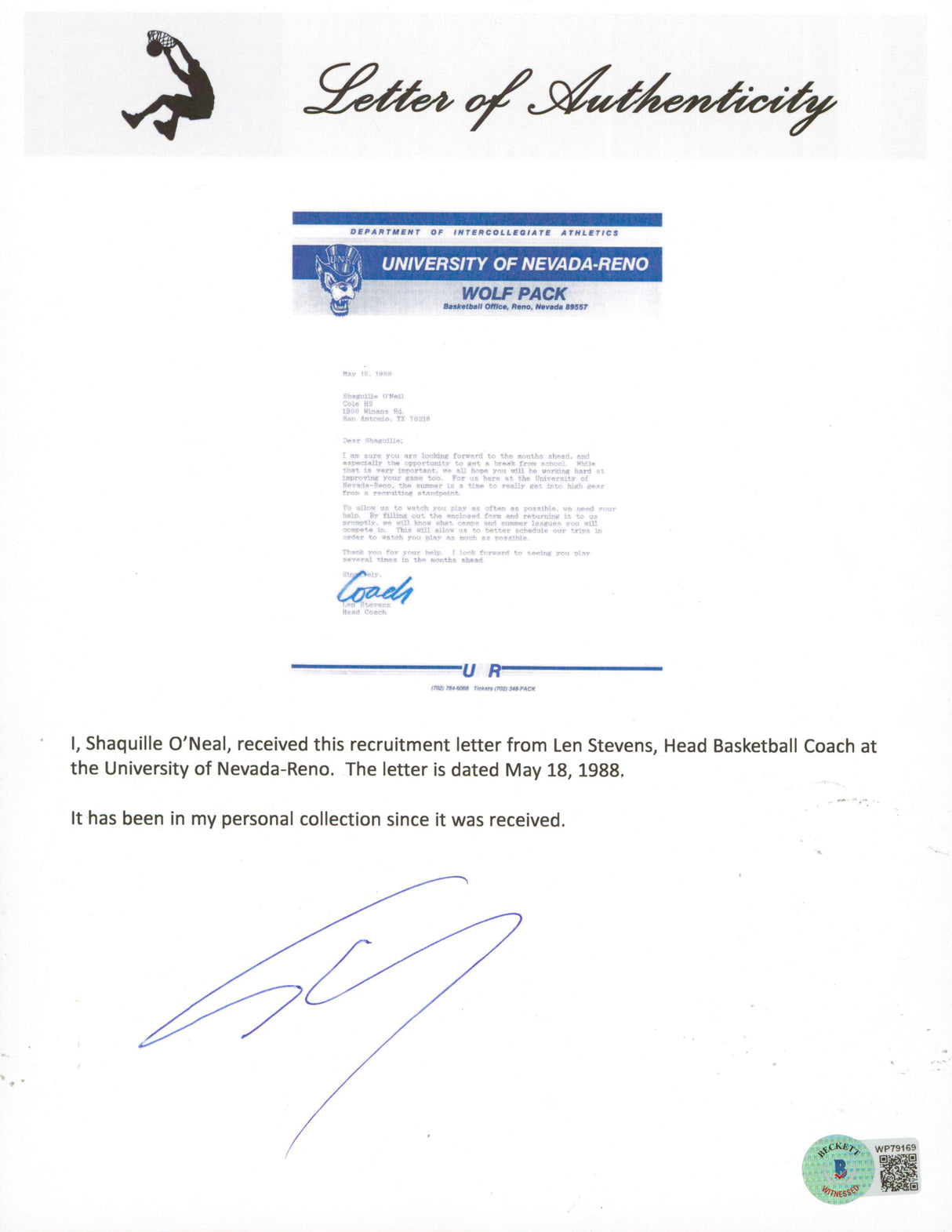 Shaquille O'Neal Signed 1988 Uni. Nevada-Reno Recruitment Envelope & Letter BAS