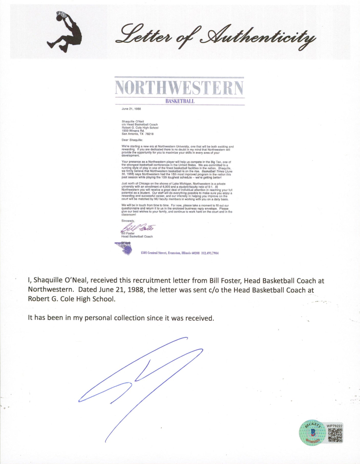 Shaquille O'Neal Authentic Signed 1988 Northwestern Recruitment Letter BAS