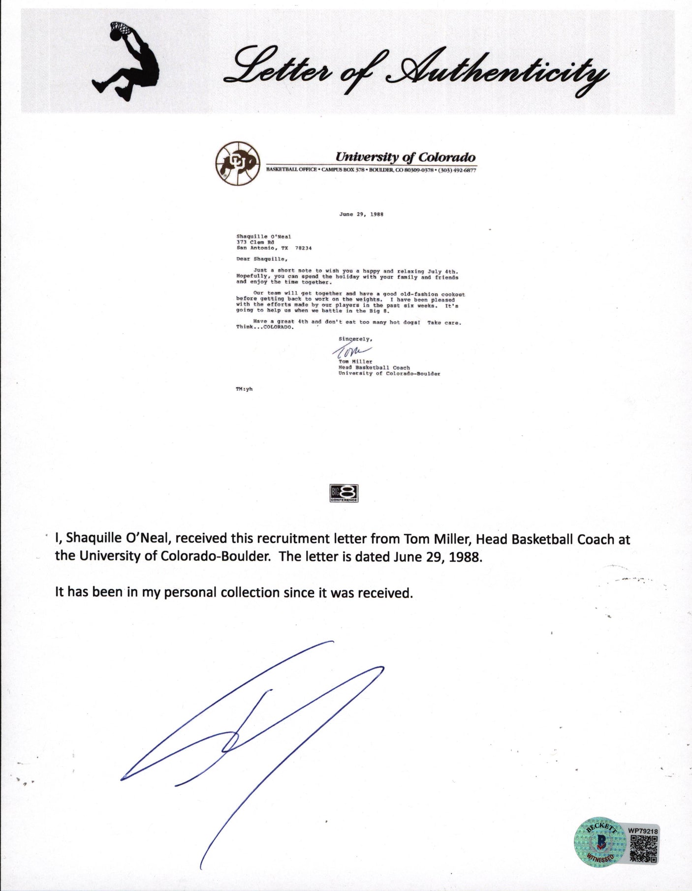 Shaquille O'Neal Signed University of Colorado-Boulder Recruitment Letter BAS