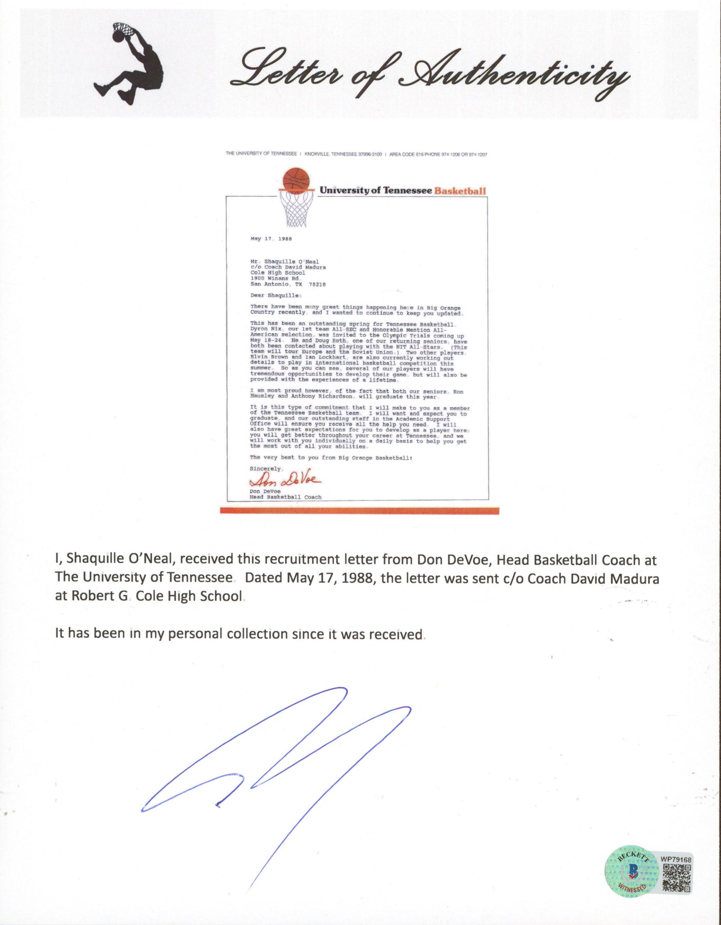 Shaquille O'Neal Signed 1988 University of Tennessee Recruitment Letter BAS