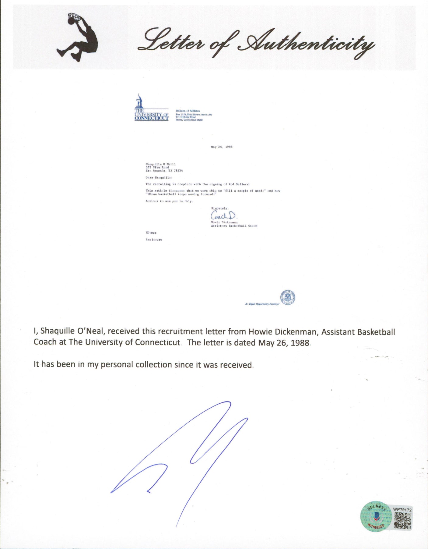 Shaquille O'Neal Signed 1988 University of Connecticut Recruitment Letter BAS