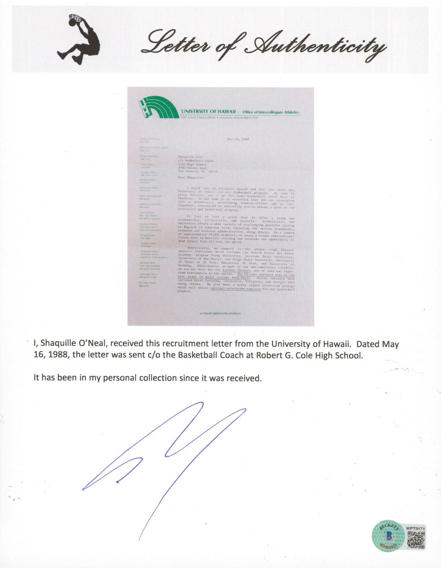 Shaquille O'Neal Signed 1988 University of Hawaii Recruitment Letter BAS