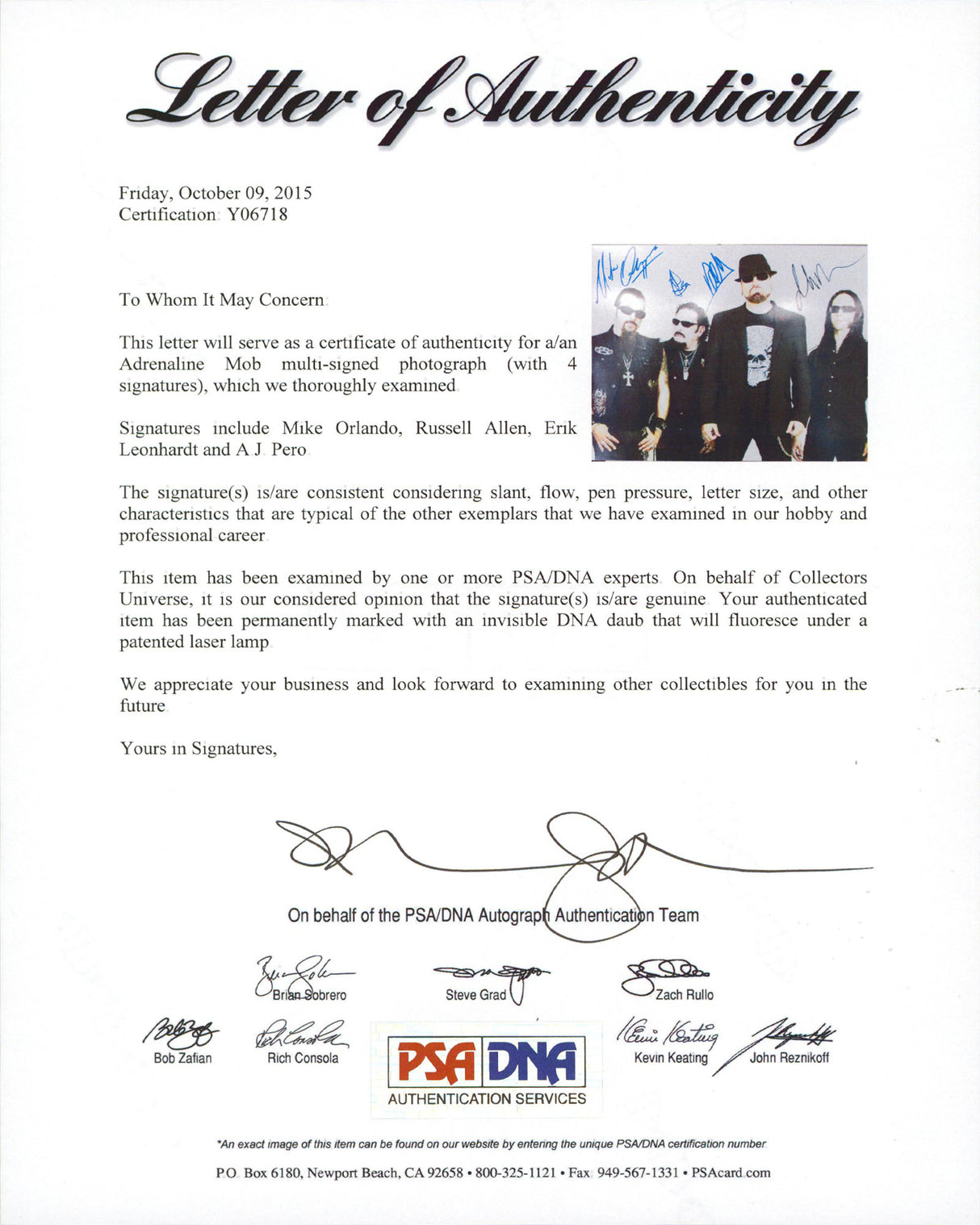 Adrenaline Mob (4) Orlando, Allen, Leonhardt & Pero Signed 11x14 Photo PSA 1