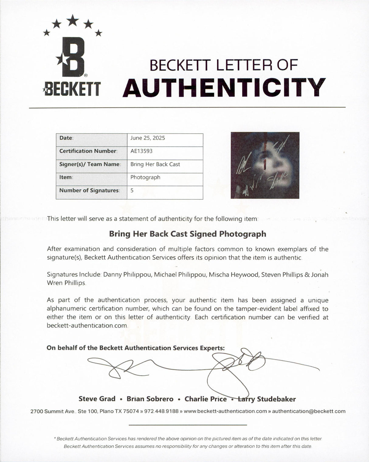 Bring Her Back (5) Heywood, Phillips +3 Signed 11x14 Photo BAS #AE13593