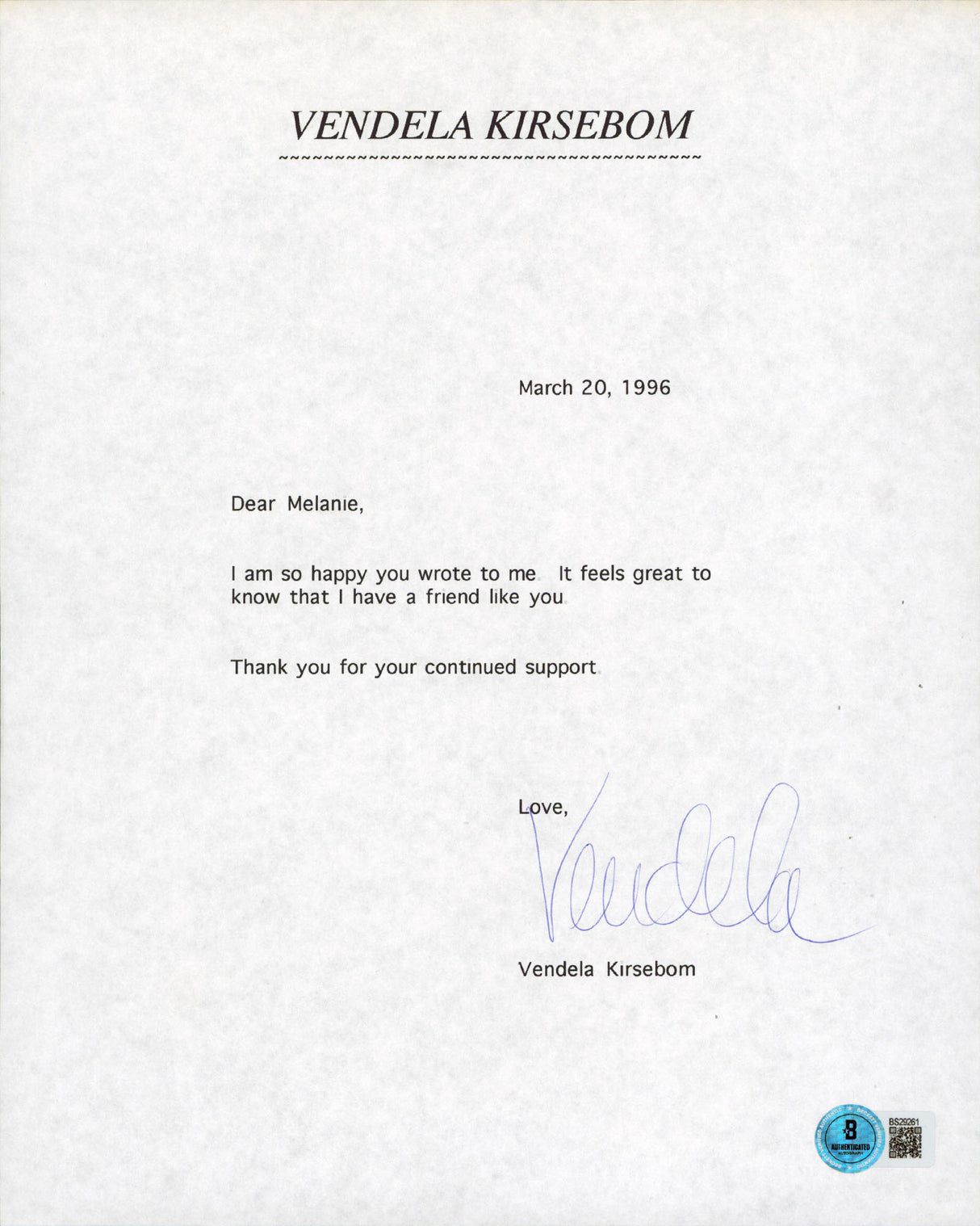 Vendela Kirsebom Supermodel Authentic Signed 8.5x11 Letter BAS #BS29261