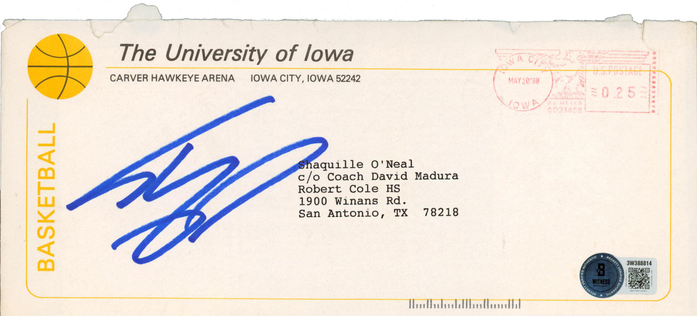 Shaquille O'Neal & Tom Davis Signed 1988 Iowa University Envelope & Letter BAS