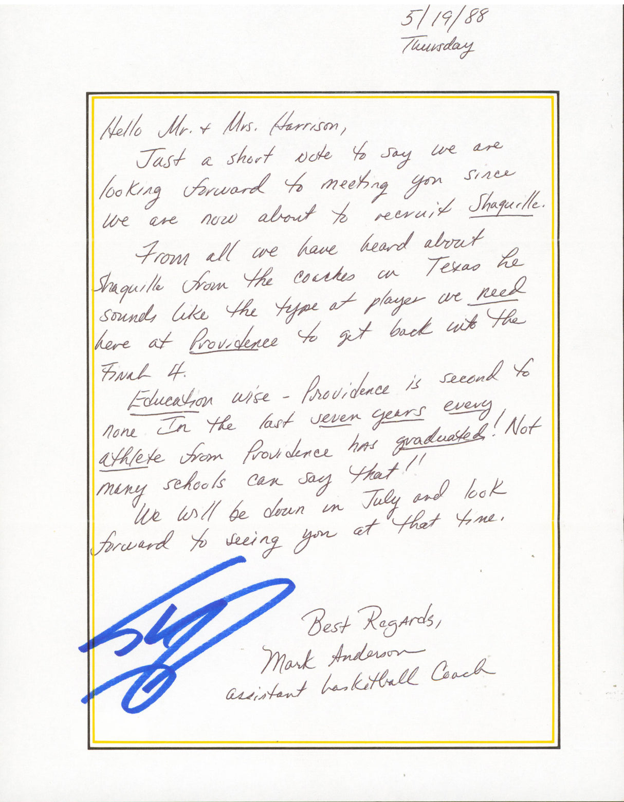 Shaquille O'Neal Signed 1988 Providence Handwritten Recruitment Letter BAS