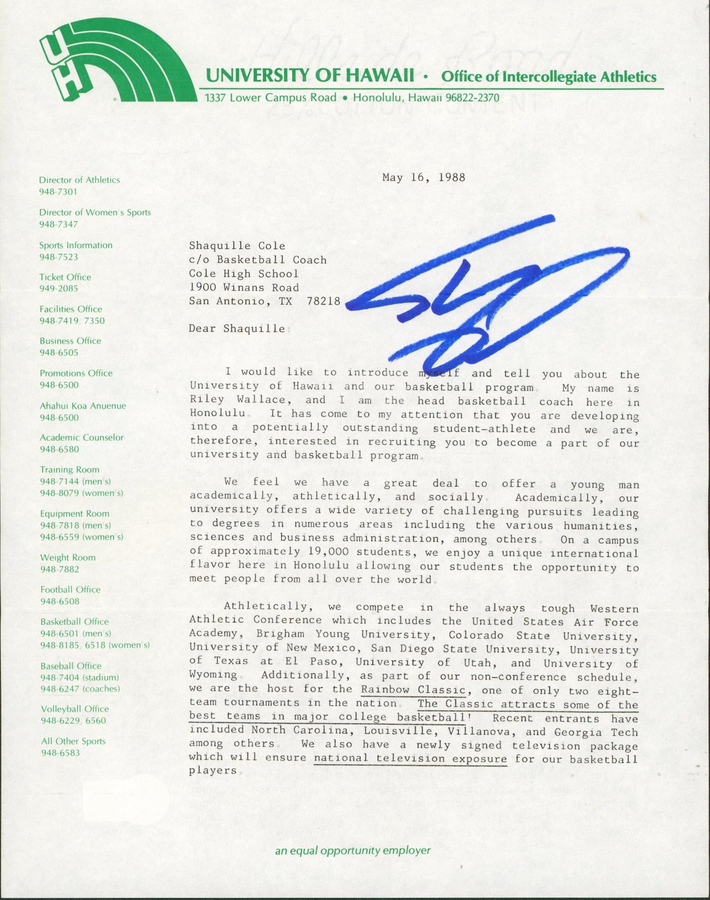Shaquille O'Neal Signed 1988 University of Hawaii Recruitment Letter BAS