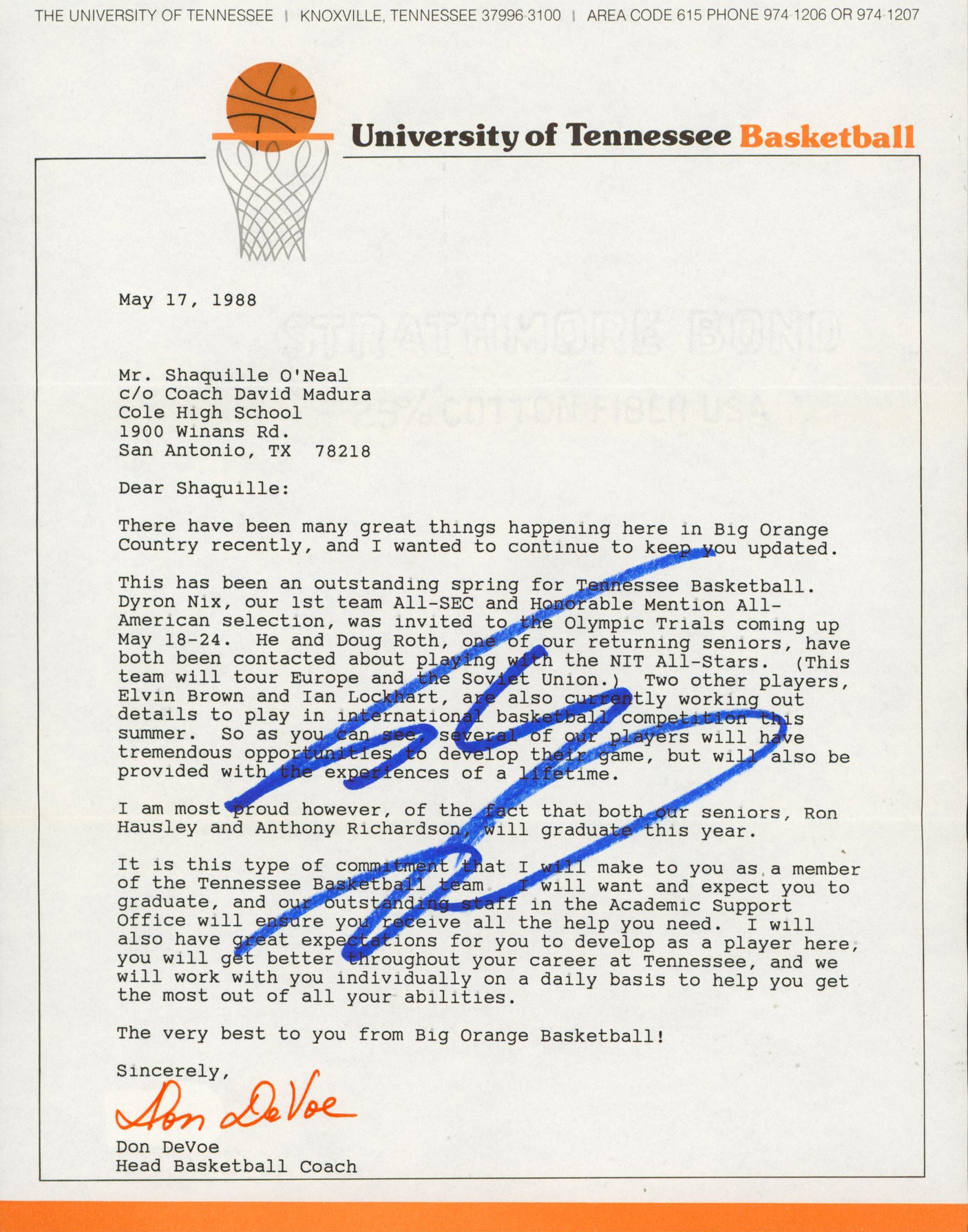 Shaquille O'Neal Signed 1988 University of Tennessee Recruitment Letter BAS
