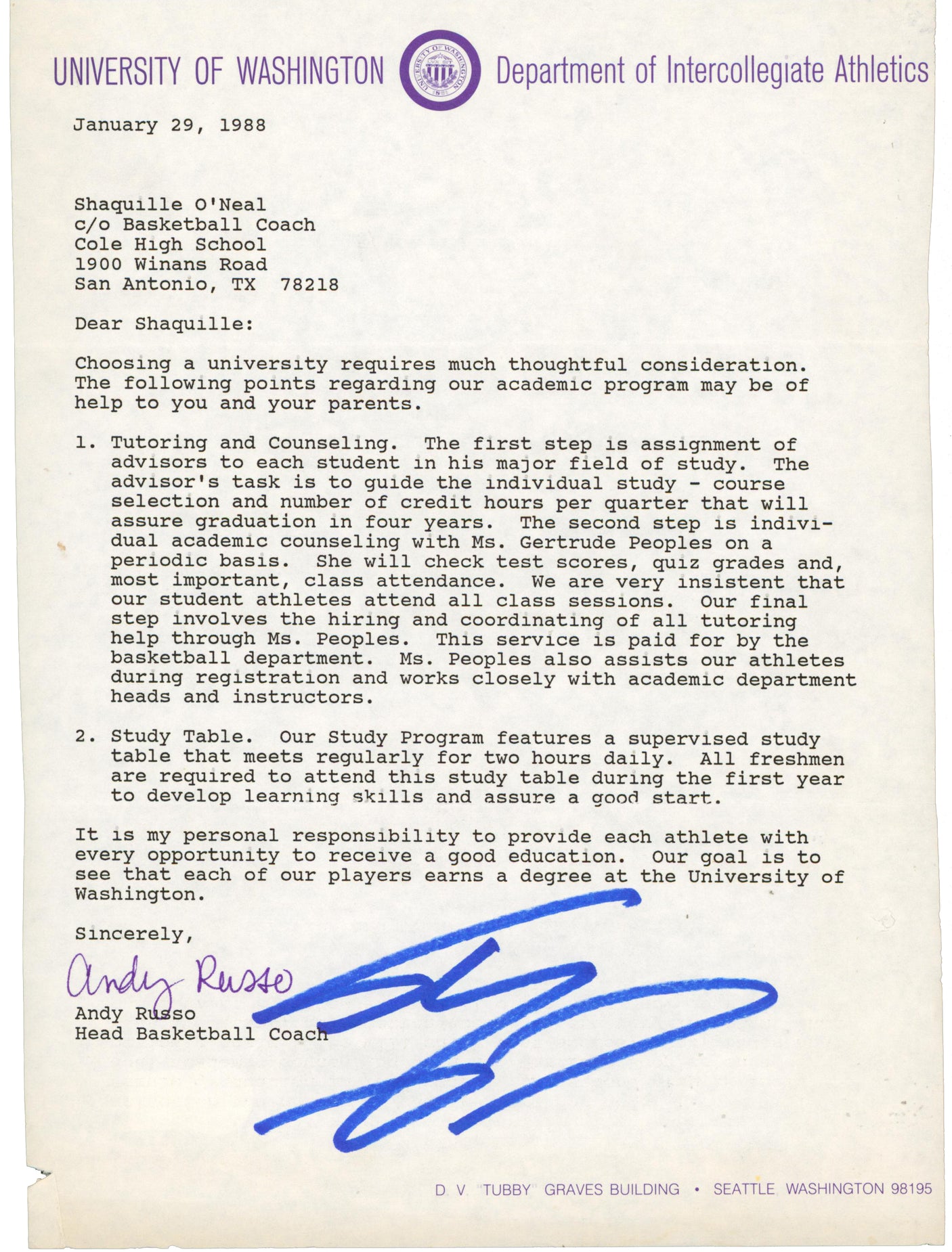 Shaquille O'Neal Signed 1988 University of Washington Recruitment Letter BAS