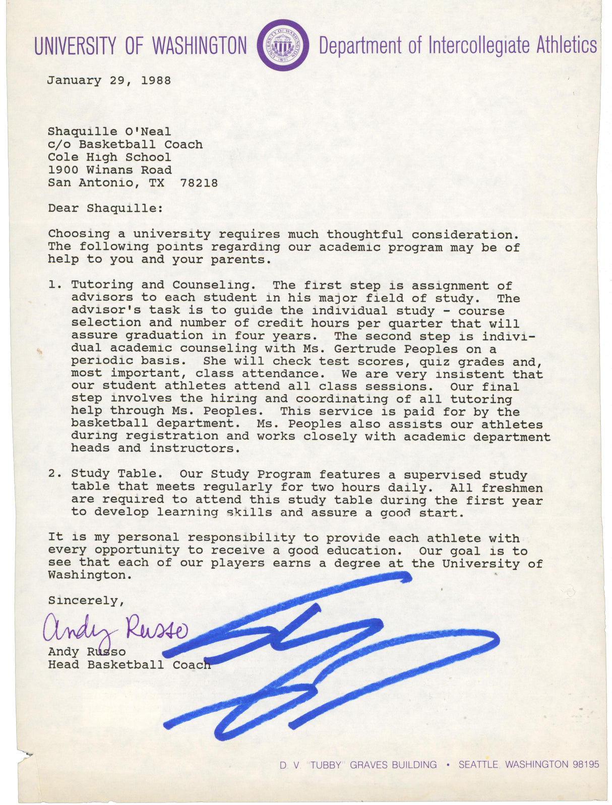 Shaquille O'Neal Signed 1988 University of Washington Recruitment Letter BAS