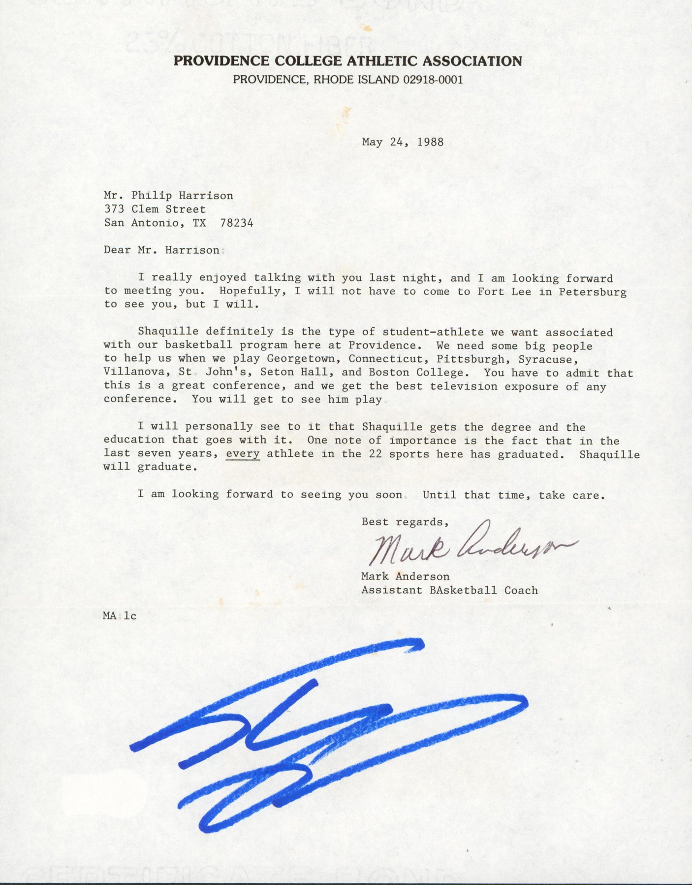 Shaquille O'Neal Authentic Signed 1988 Providence College Recruitment Letter BAS