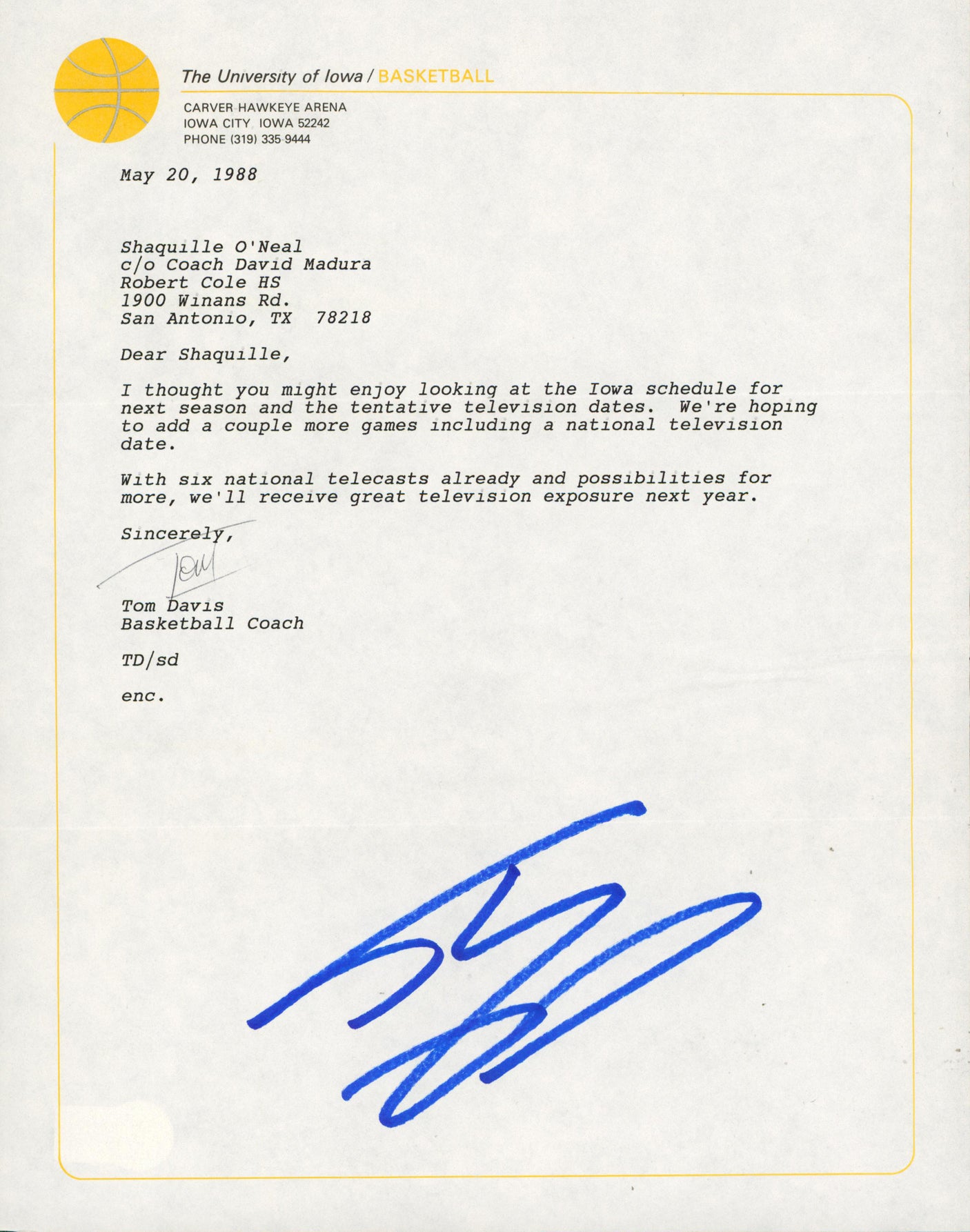 Shaquille O'Neal & Tom Davis Signed 1988 Iowa University Envelope & Letter BAS