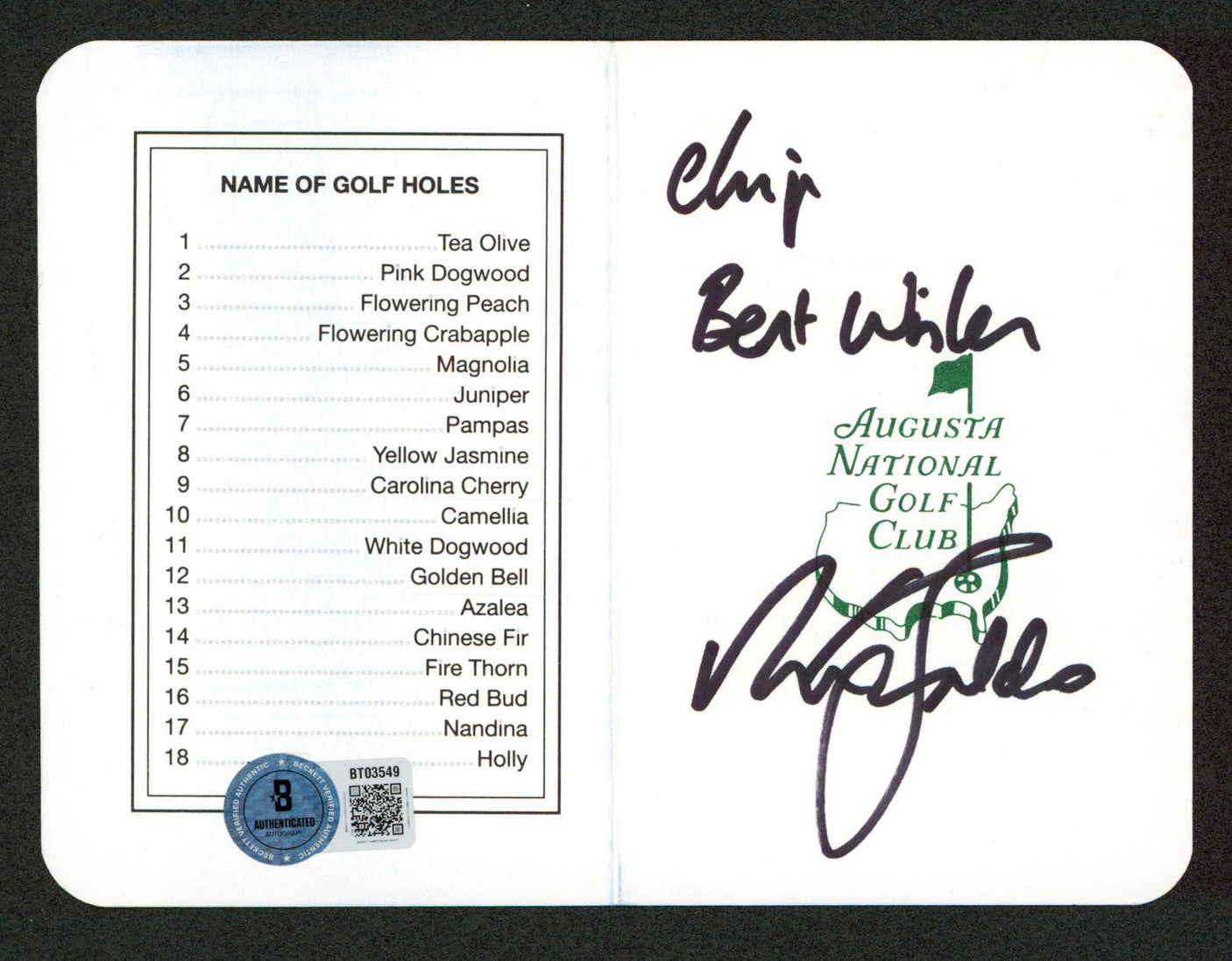 Nick Faldo Signed 3.25x4.75 Masters Augusta National Golf Club Scorecard BAS