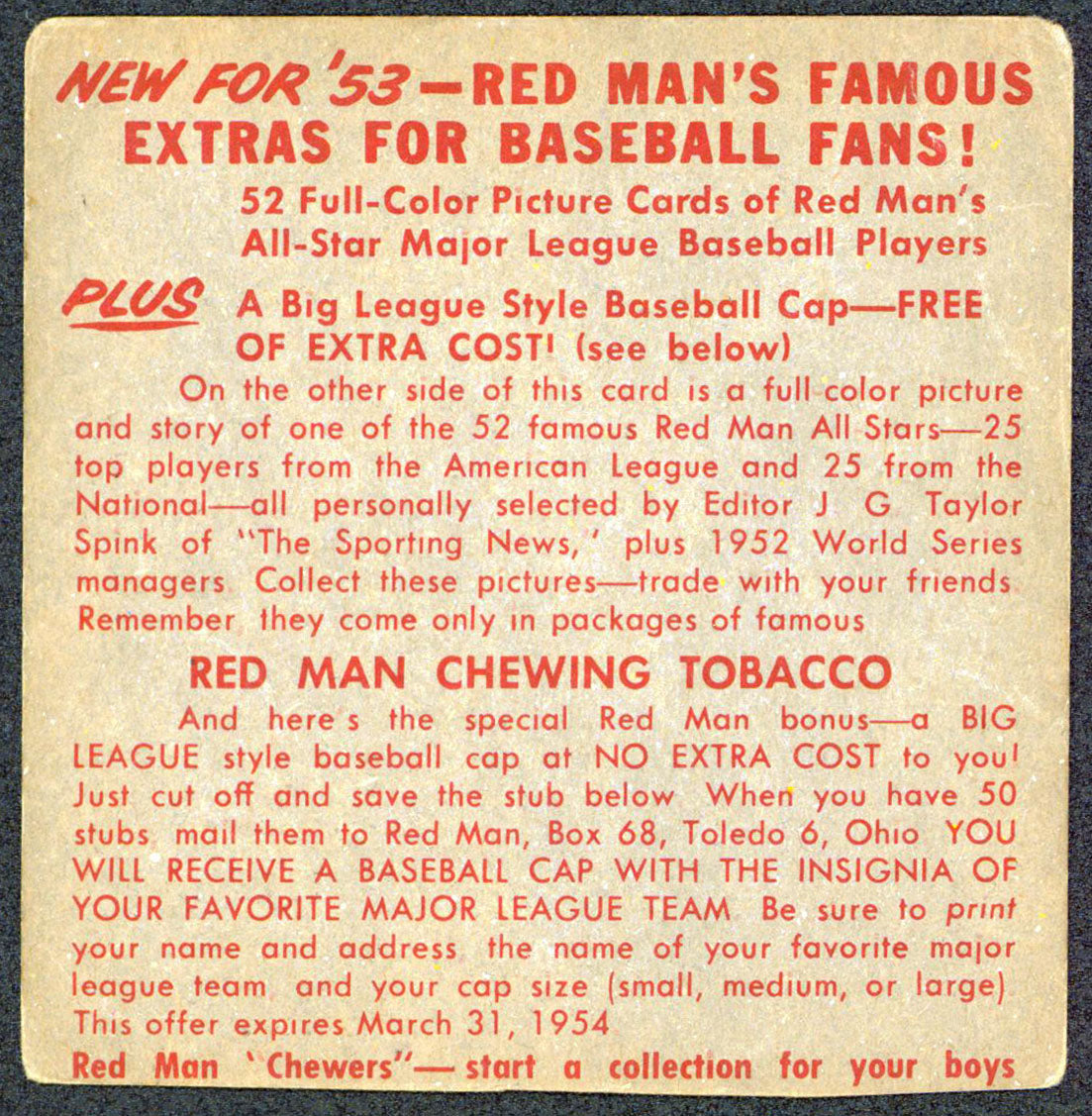 Yankees Casey Stengel 1953 Red Man's All Star Series Trading Card No Tab