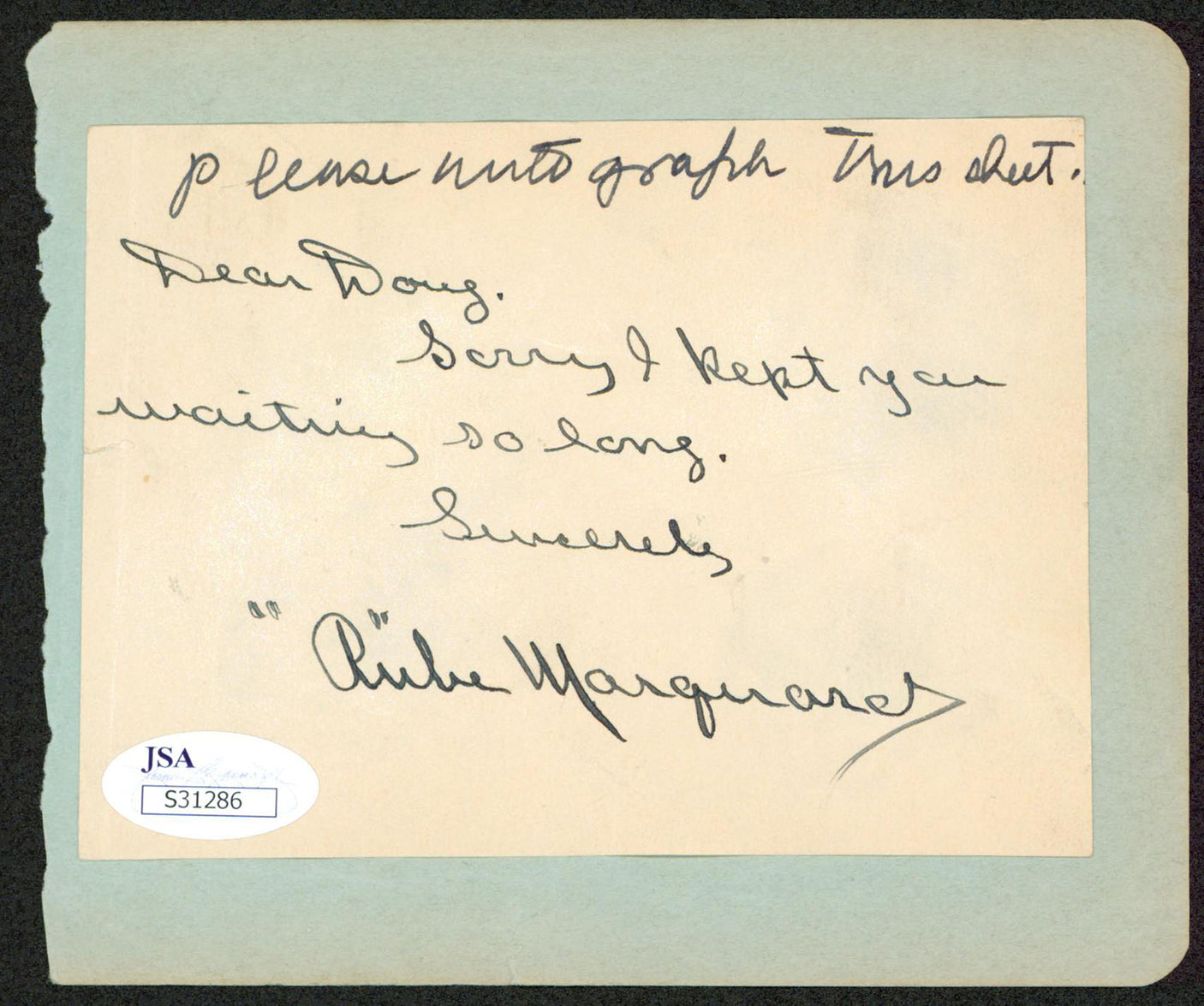 Giants Rube Marquard "Dear Doug" Signed 3.5x4.5 Cut Signature JSA #S31286