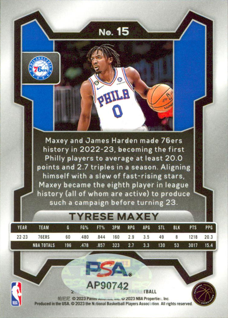 76ers Tyrese Maxey Authentic Signed 2023 Panini Prizm #15 Card PSA/DNA #AP90742