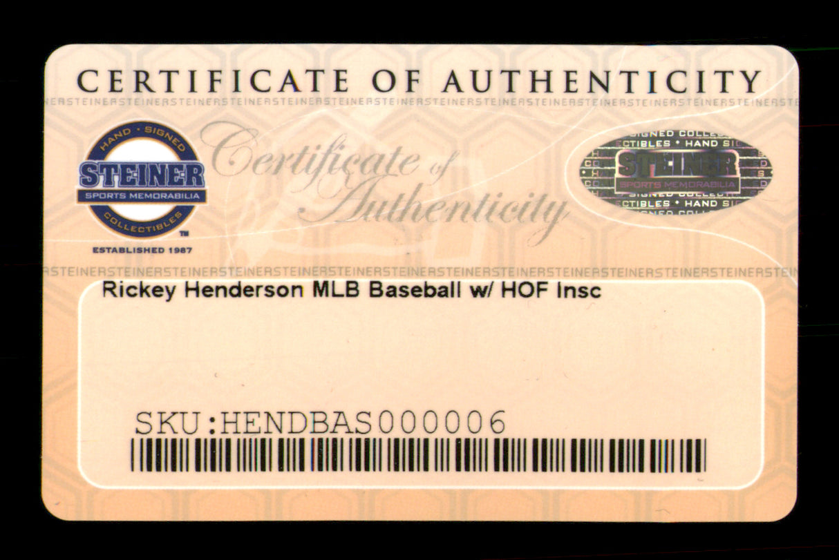 Rickey Henderson Autographed Official MLB Baseball Oakland A's, New York Yankees "HOF 2009" Steiner Holo SKU #213881