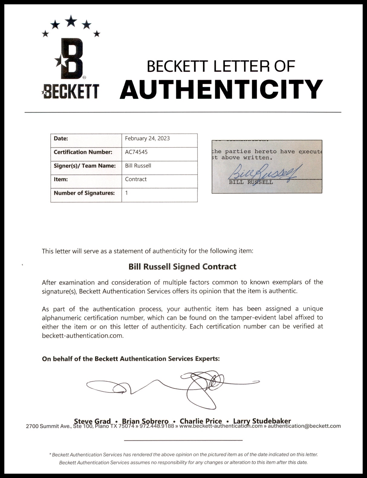 Bill Russell Autographed 1973-74 Newspaper Contract Boston Celtics Beckett BAS #AC74545