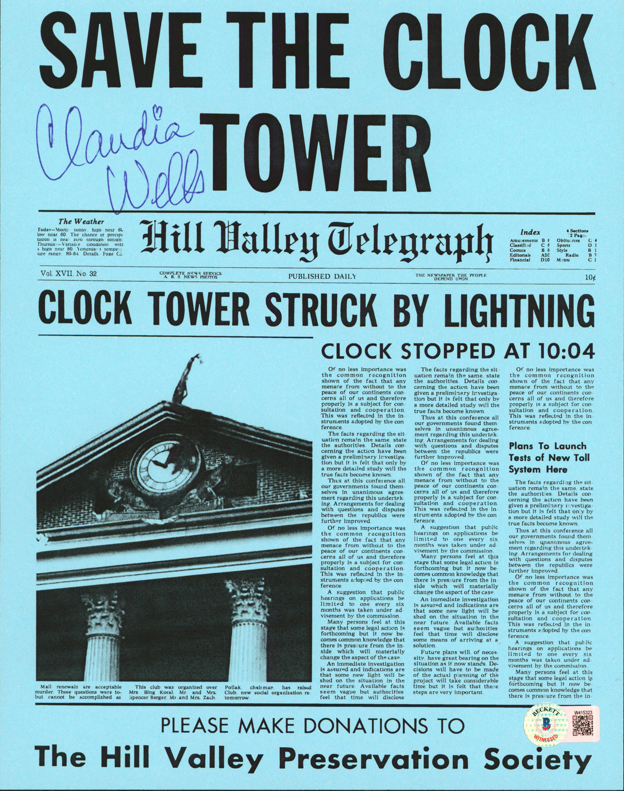 Claudia Wells Back To The Future Signed Replica Save The Clock Tower Flyer BAS 2