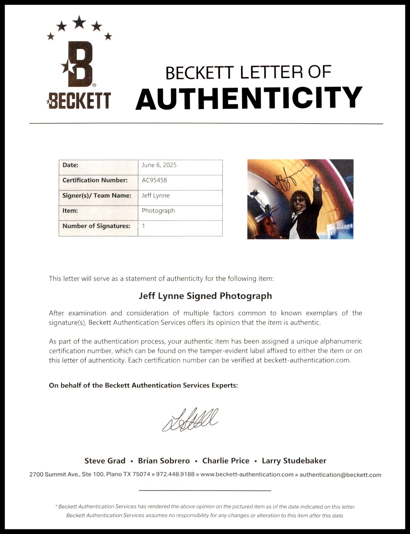 Jeff Lynne Autographed 11x14 Photo Electric Light Orchestra ELO Band Beckett BAS #AC95458