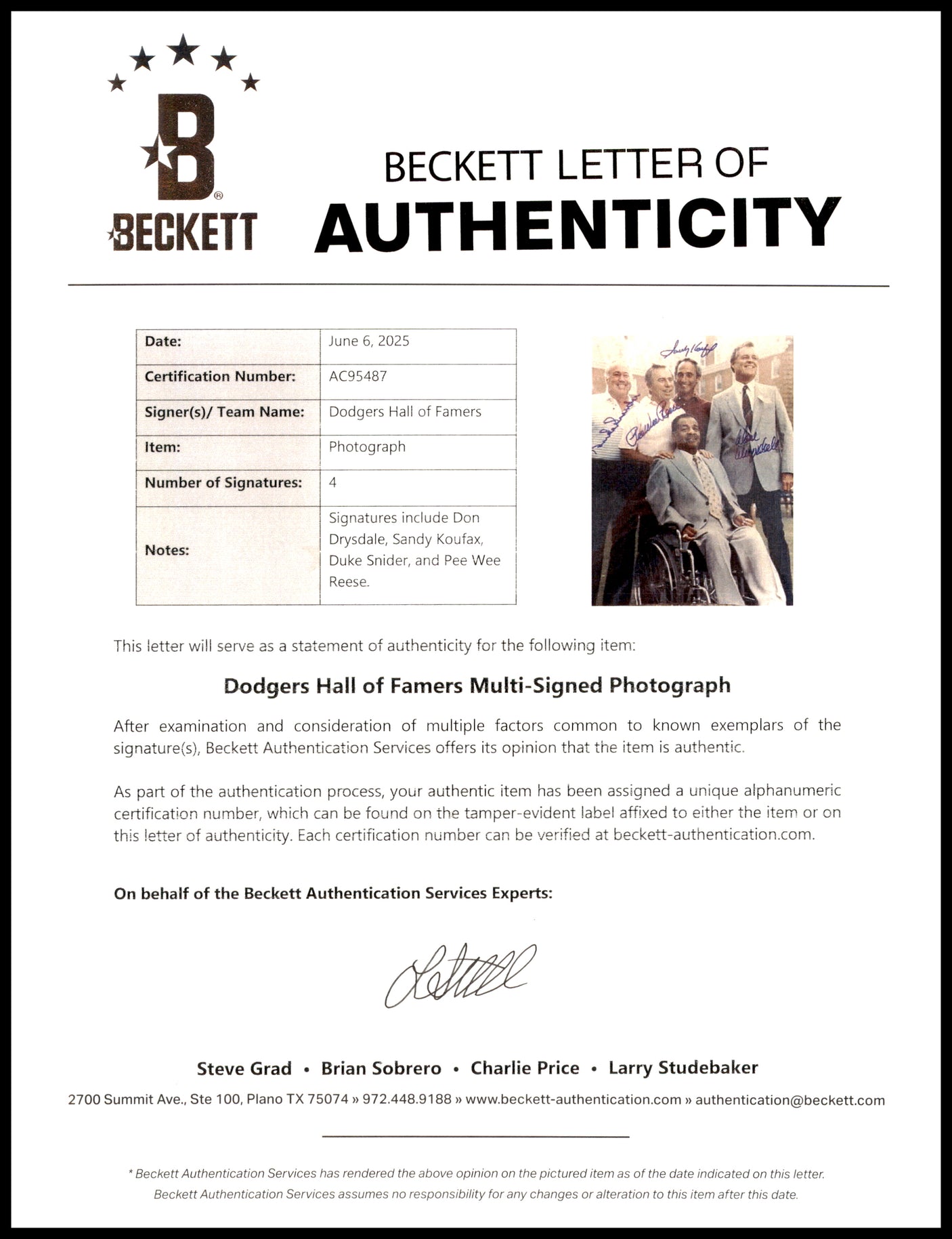 Brooklyn Dodgers Legends Autographed 8x10 Photo With 4 Signatures Including Sandy Koufax Beckett BAS #AC95487