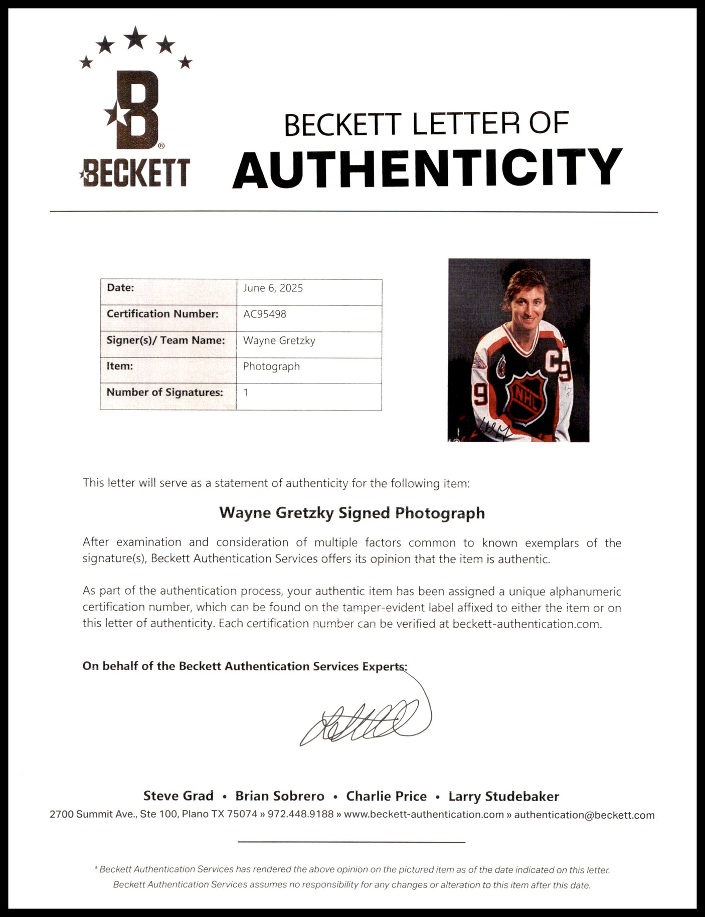 Wayne Gretzky Autographed 8x10 Photo Edmonton Oilers Beckett BAS #AC95498