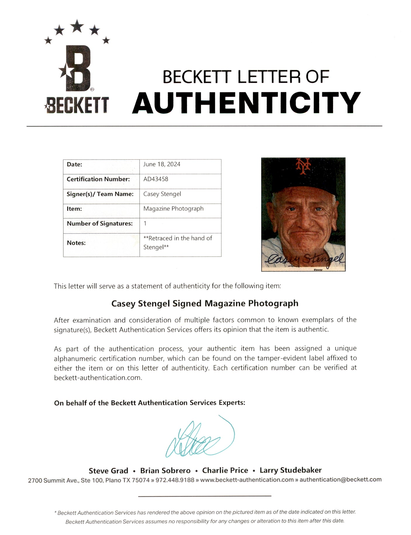 Casey Stengel Autographed 4.5x6 Magazine Page Photo New York Mets Signed Over Name Beckett BAS #AD43458