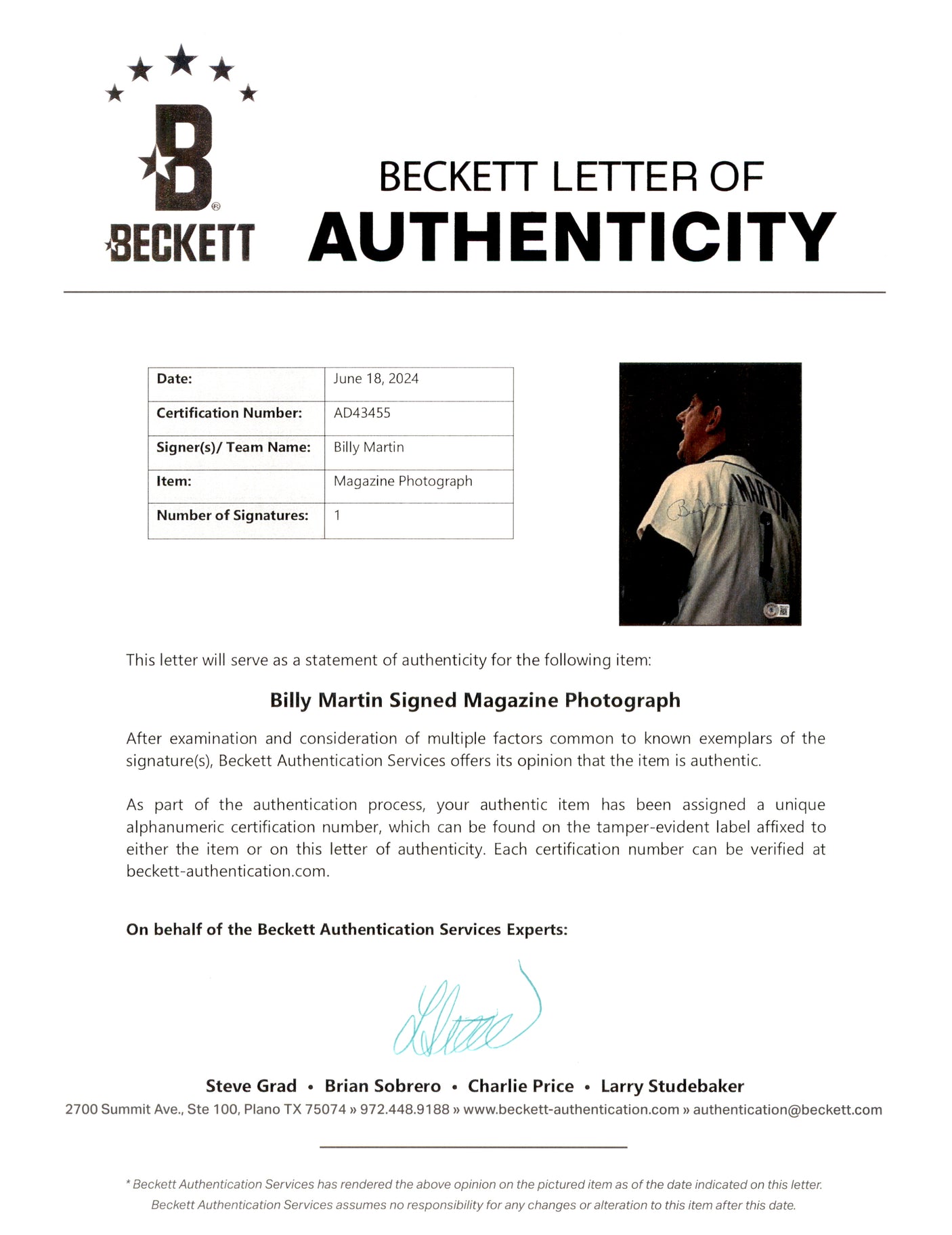 Billy Martin Autographed 7x10 Magazine Page Photo Detroit Tigers (Tear) Beckett BAS #AD43455