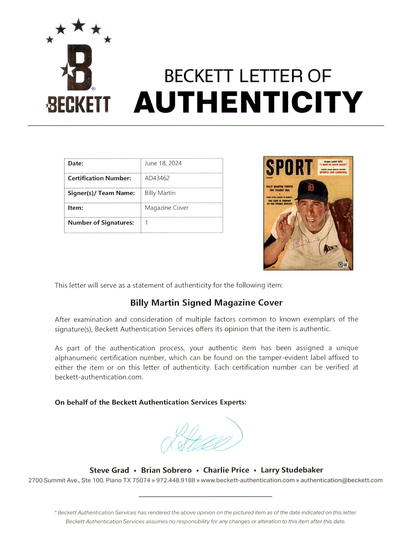 Billy Martin Autographed Sport Magazine Cover Detroit Tigers Coca-Cola Beckett BAS #AD43462