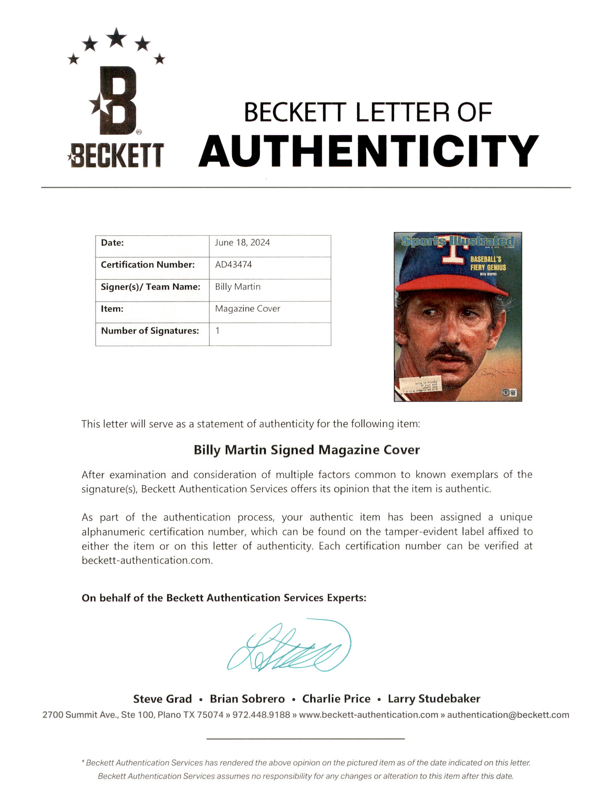Billy Martin Autographed Sports Illustrated Cover Texas Rangers Beckett BAS #AD43474