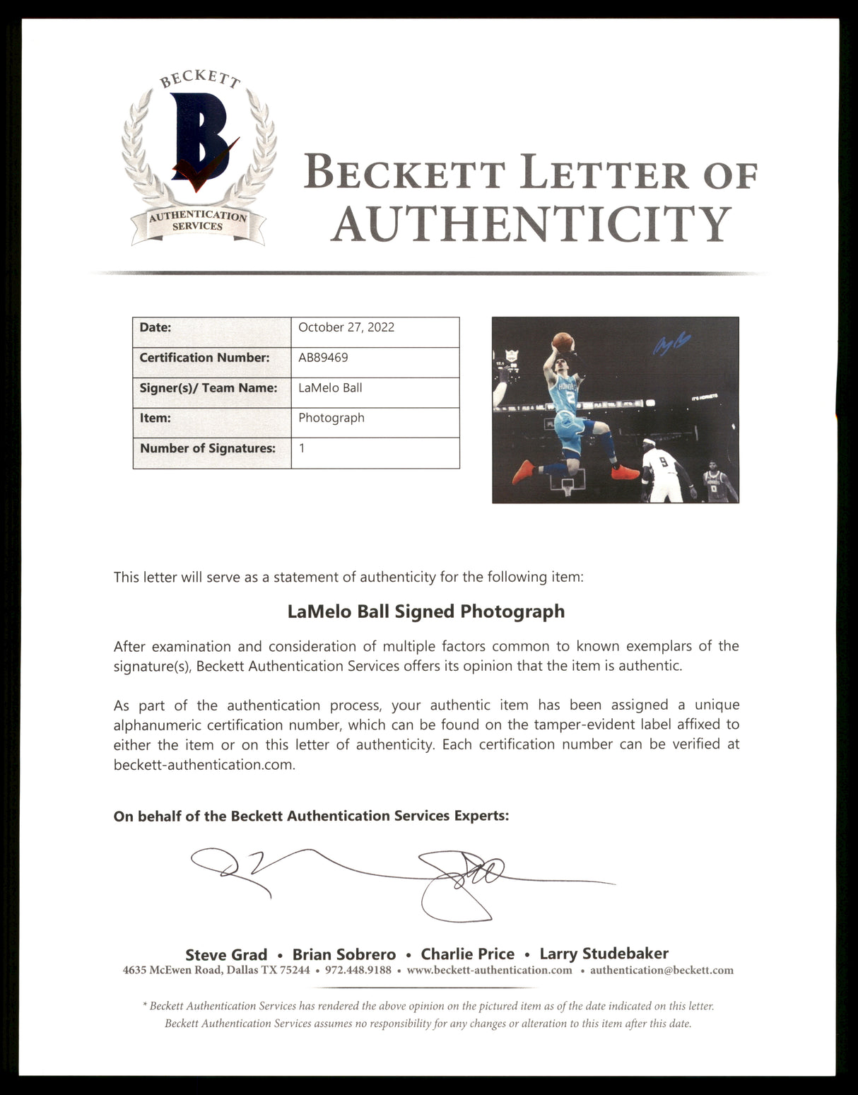 LaMelo Ball Autographed 16x20 Photo Charlotte Hornets Beckett BAS QR Stock #209477