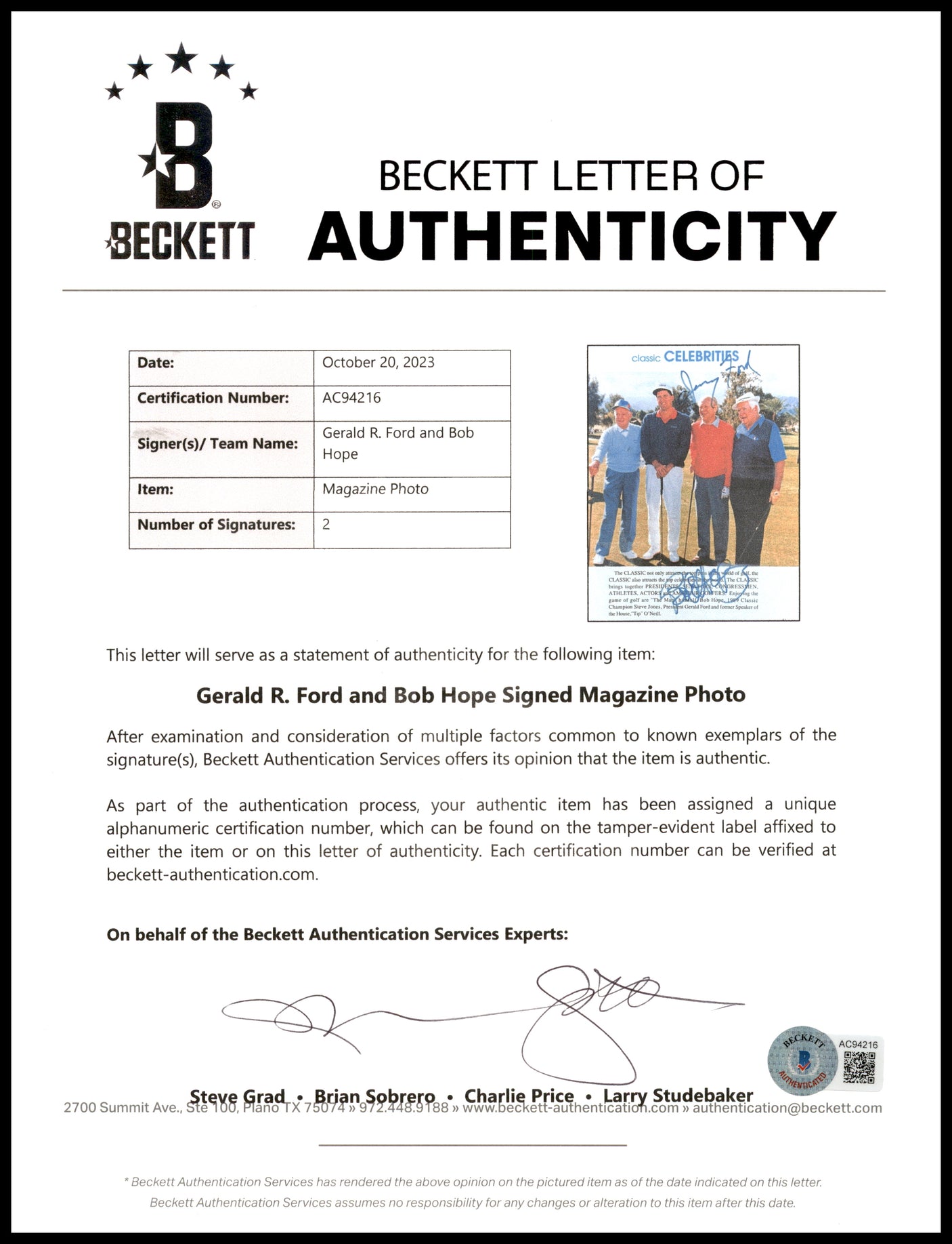 Gerald R. Ford & Bob Hope Autographed Framed 8x10 Magazine Page Photo Classic Celebrities Beckett BAS #AC94216