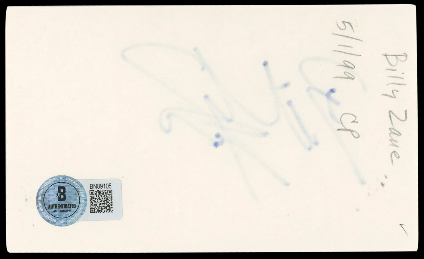 Billy Zane Titanic Authentic Signed 3x5 Index Card Autographed BAS #BN89105