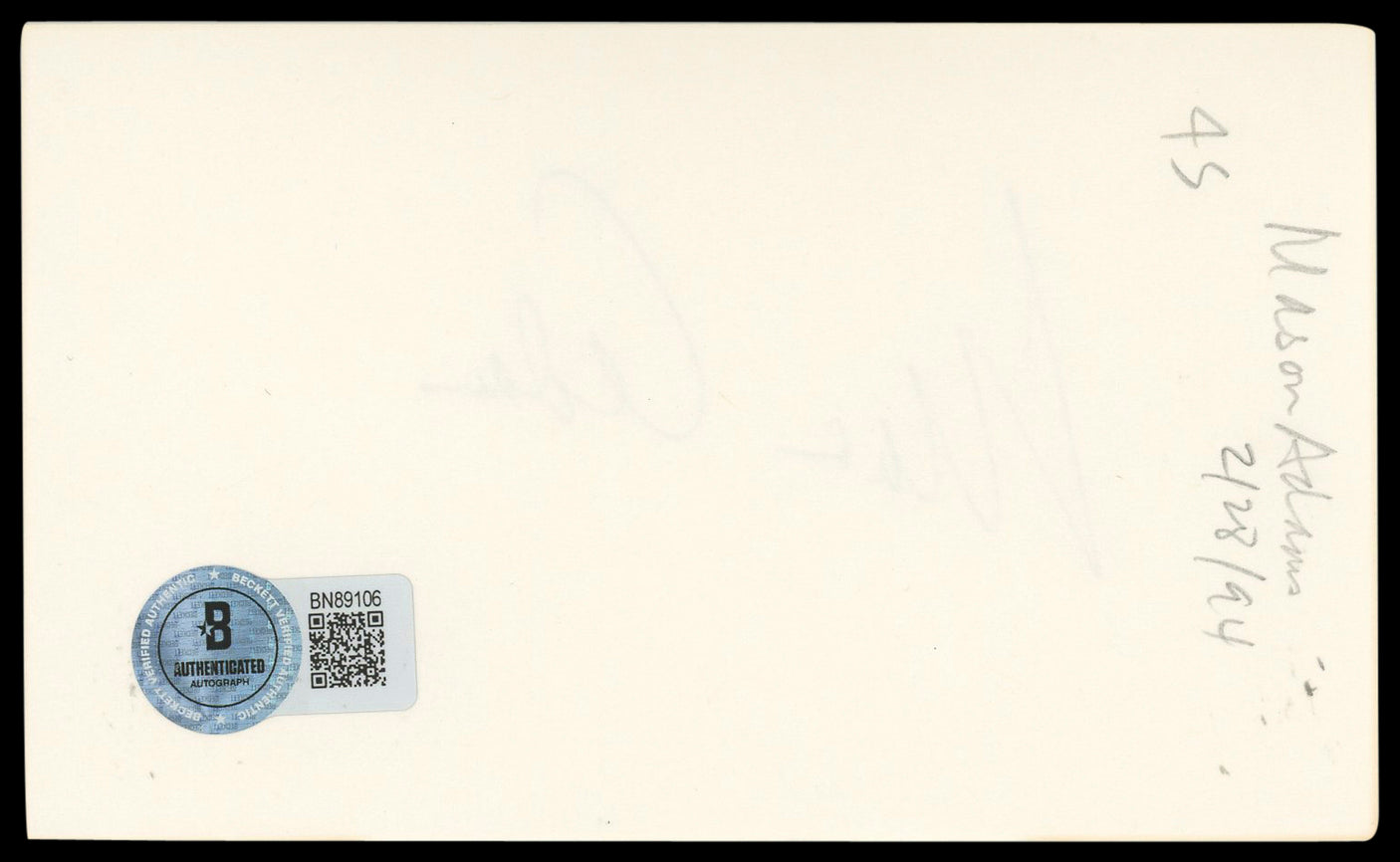 Mason Adams Son in Law Authentic Signed 3x5 Index Card Autographed BAS #BN89106