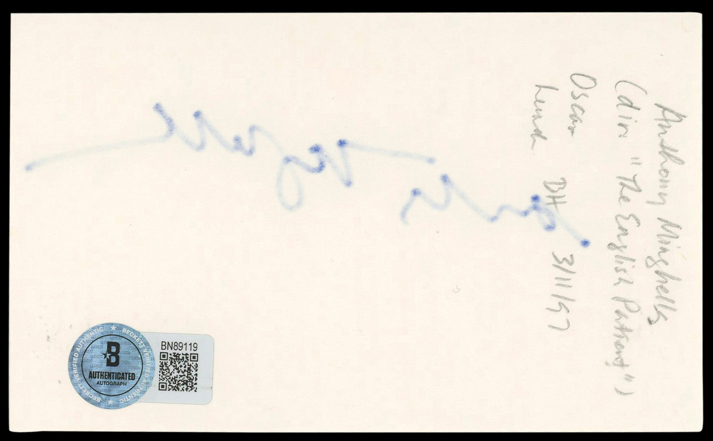 Anthony Minghella The English Patient Signed 3x5 Index Card BAS #BN89119