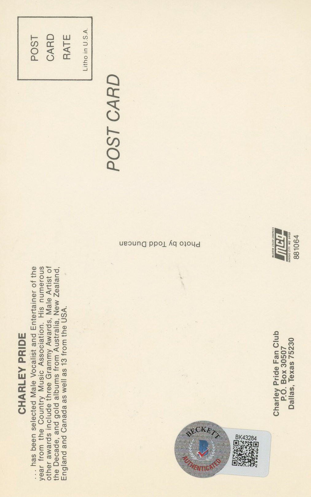 Charley Pride "To Don Thanks" Authentic Signed 3.5x5.5 Postcard BAS #BK43284