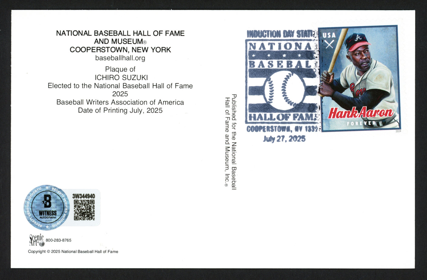 Ichiro Suzuki Autographed Hall of Fame HOF Plaque Postcard (Postmark) Seattle Mariners Beckett BAS Witness Stock #254321
